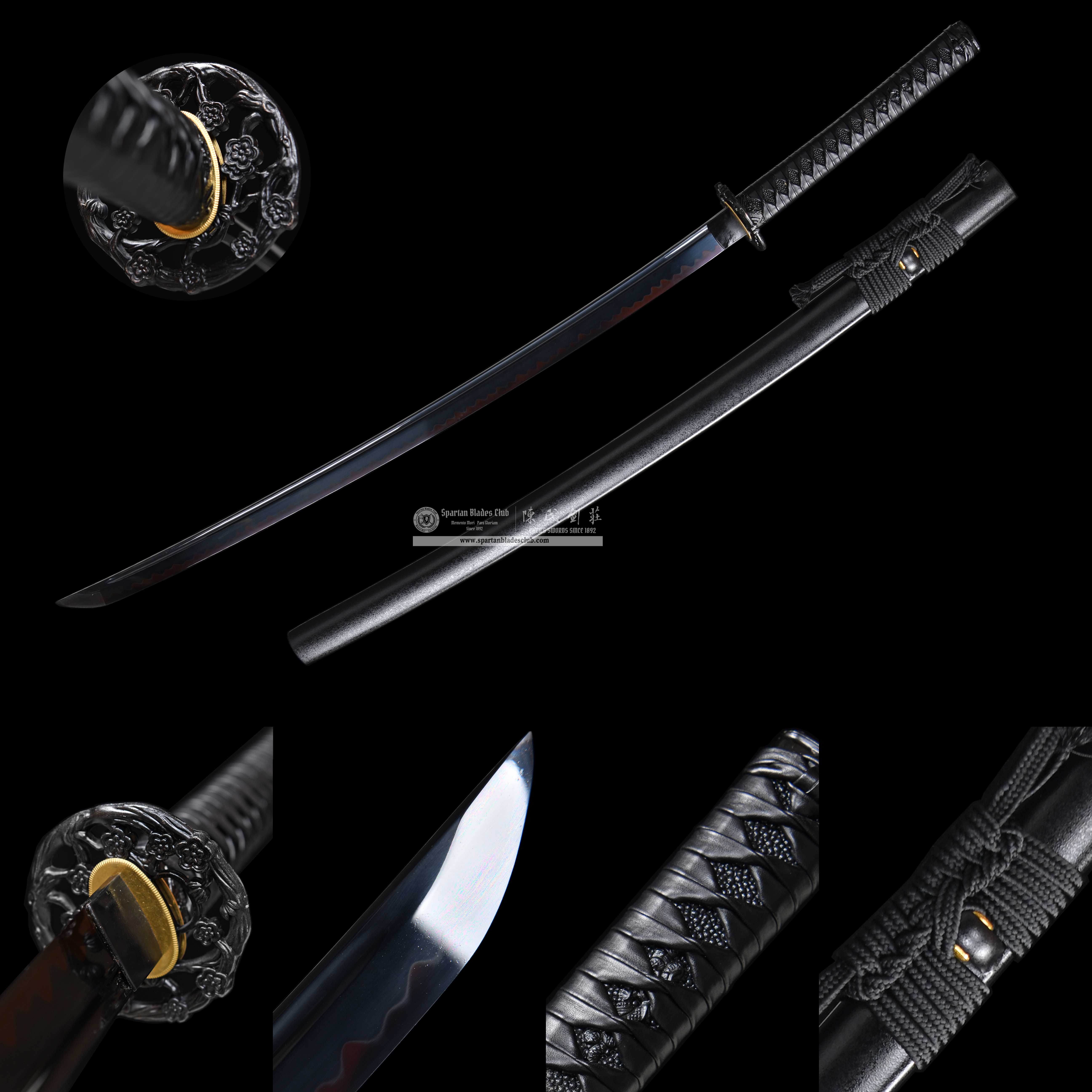 HY86 | Black Sakura  | Katana | T10 Steel | Clay-tempered | Real Hamon | Black | Flower | Battle-Ready |Full-tang |Spartan Blades Club | CHEN'S SWORDS 1892 - Spartan Blades Club - 陳氏劍莊1892