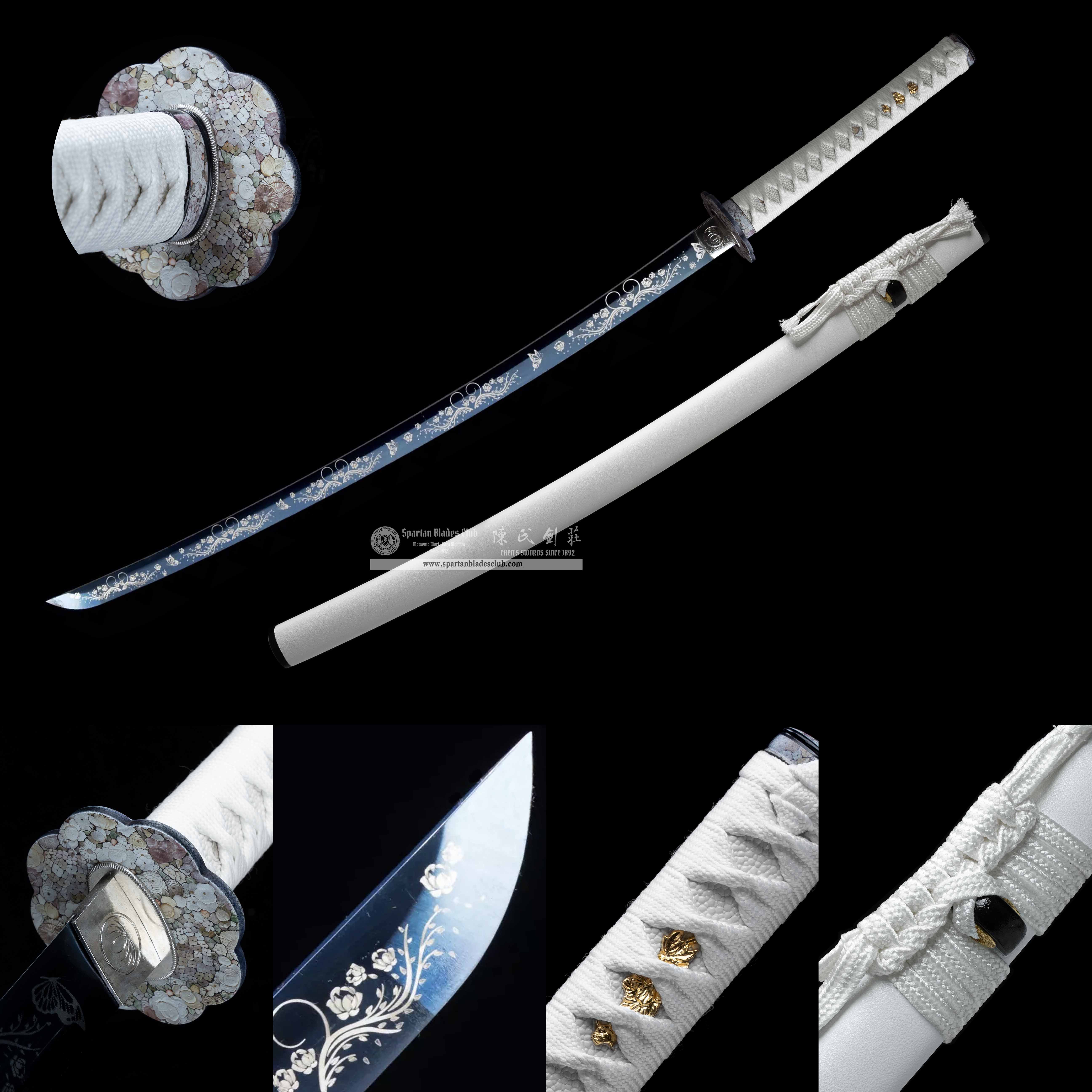 HY91 | BaiHua Blade | Katana | Carbon steel | heat-colored blue finish | Real Hamon | White | Flower&Butterfly | Battle-Ready | Full-tang | Spartan Blades Club | CHEN'S SWORDS 1892 - Spartan Blades Club