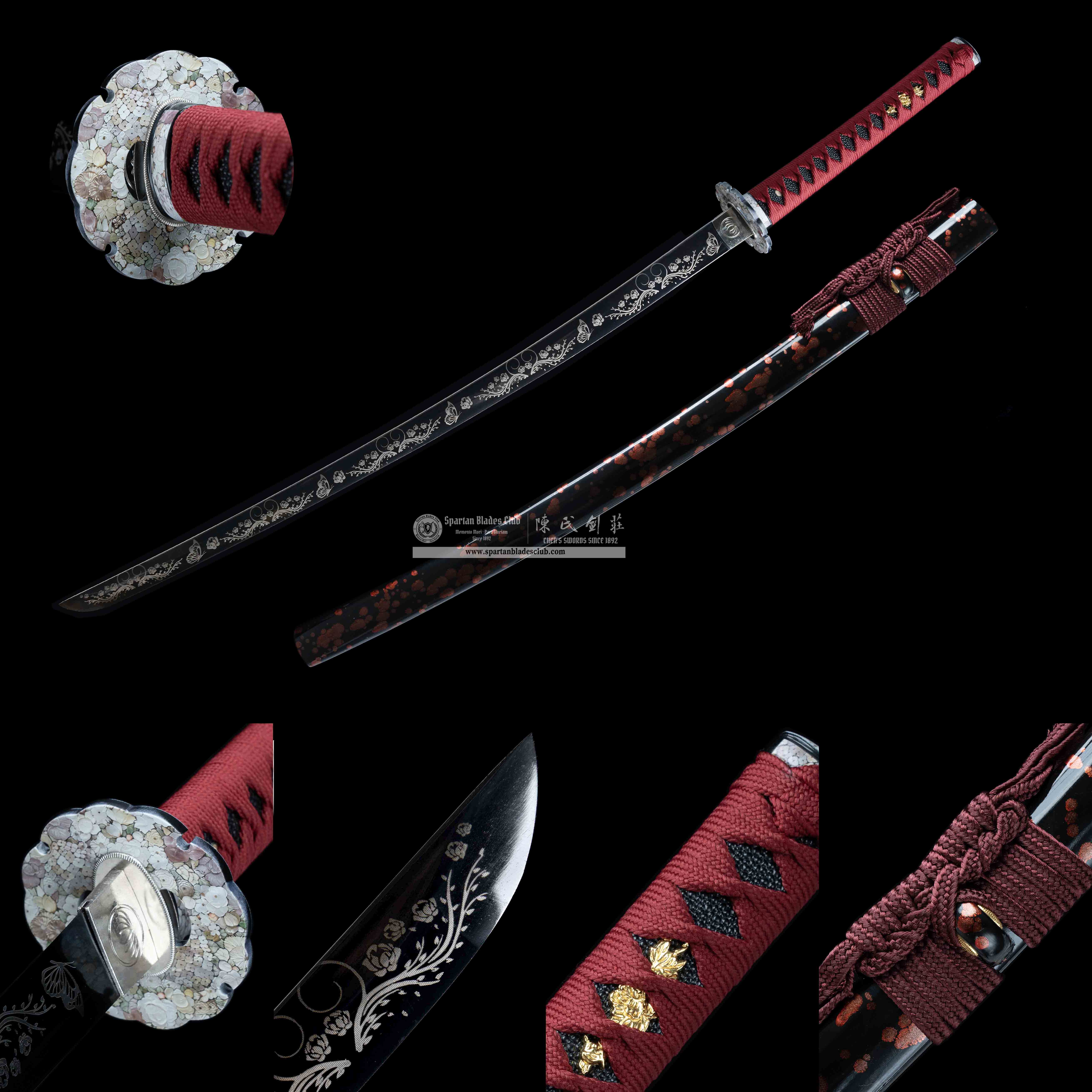HY92 | HongDie Samurai | Katana | Carbon steel | heat-colored black finish | Real Hamon | Black&Red | Flower&Butterfly | Battle-Ready | Full-tang | Spartan Blades Club | CHEN'S SWORDS 1892 - Spartan Blades Club
