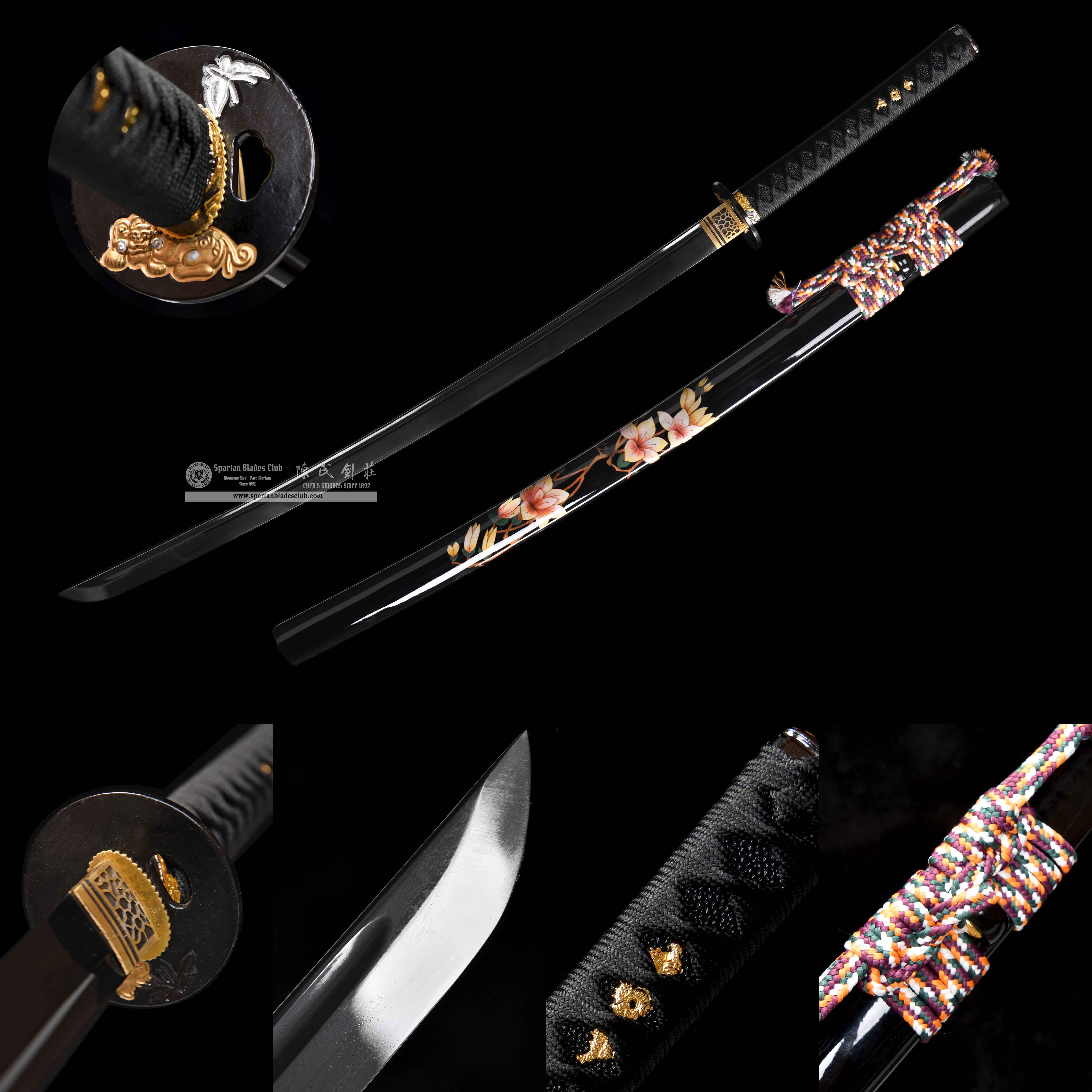 HY96 | LianZhan Samurai | Katana | Damascus steel | hand-forged | high-temperature quenched | traditional blackening process | lotus | Black | Battle-Ready | Full-tang | Spartan Blades Club | CHEN'S SWORDS 1892 - Spartan Blades Club - 陳氏劍莊1892