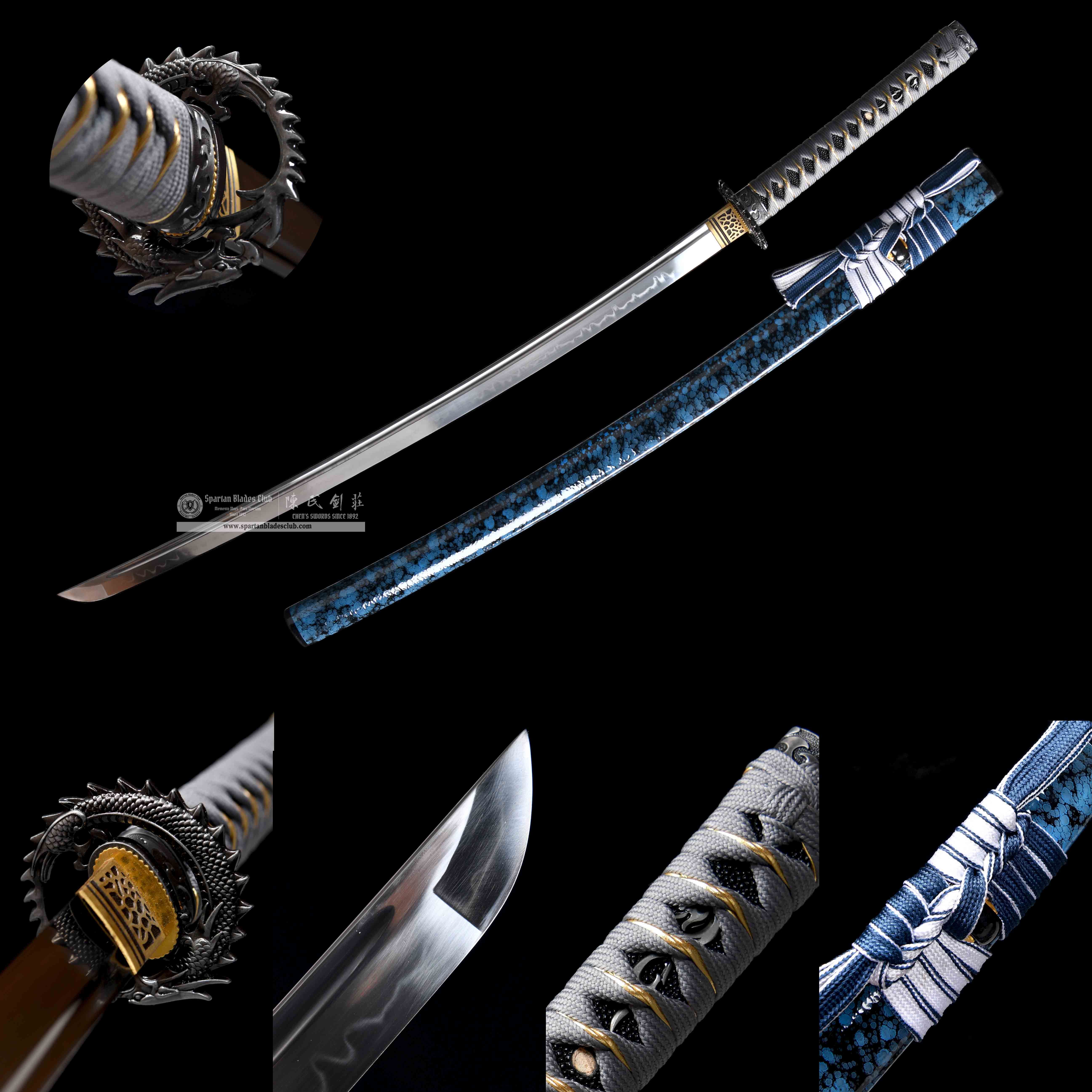HY95 | Longyu Blade | Katana | T10 steel | clay-tempered | real hamon | 15-step hand-polishing process | Loong (Chinese Dragon) | Blue | Battle-Ready | Full-tang | Spartan Blades Club | CHEN'S SWORDS 1892 - Spartan Blades Club - 陳氏劍莊1892