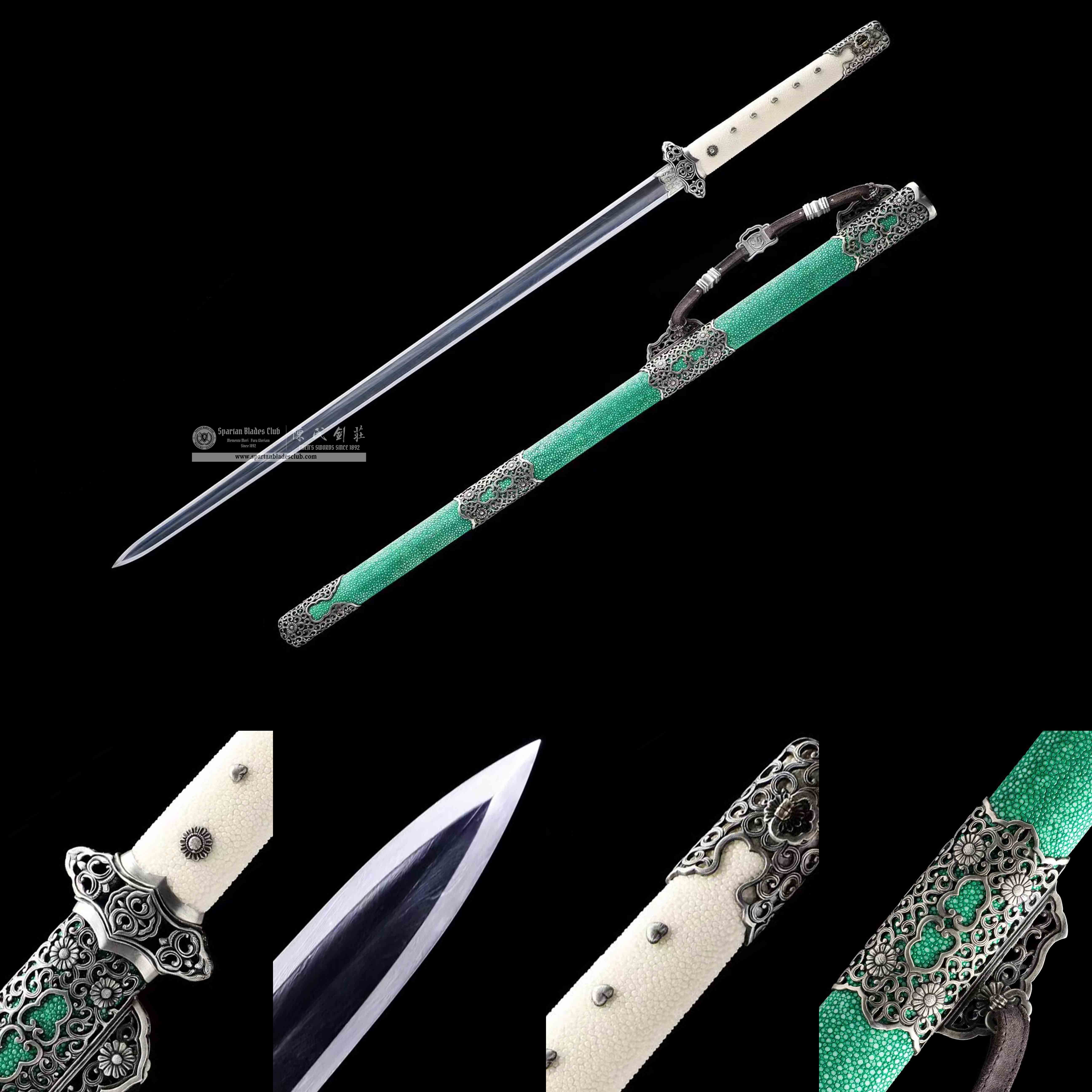 DE03 | CuiHua Sword | Jian | Damascus steel | Refined feather-patterned | Green | ray skin | Battle-Ready | Full-tang | Spartan Blades Club | CHEN'S SWORDS 1892 - Spartan Blades Club - 陳氏劍莊1892
