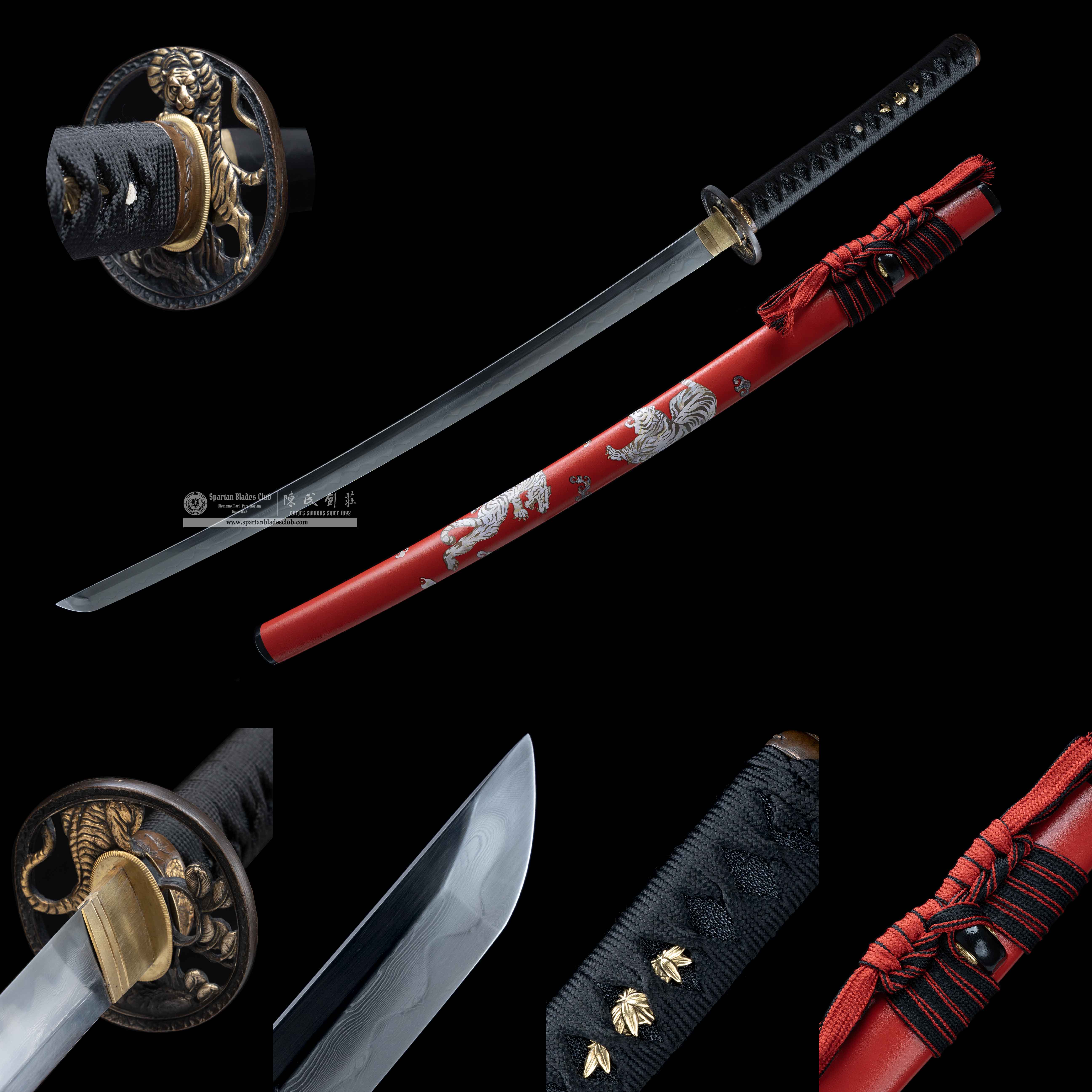 HY98 | ChiHu Samurai | Katana | Damascus steel | hand-forged | Clay tempered | Tiger | Red | Battle-Ready | Full-tang | Spartan Blades Club | CHEN'S SWORDS 1892 - Spartan Blades Club