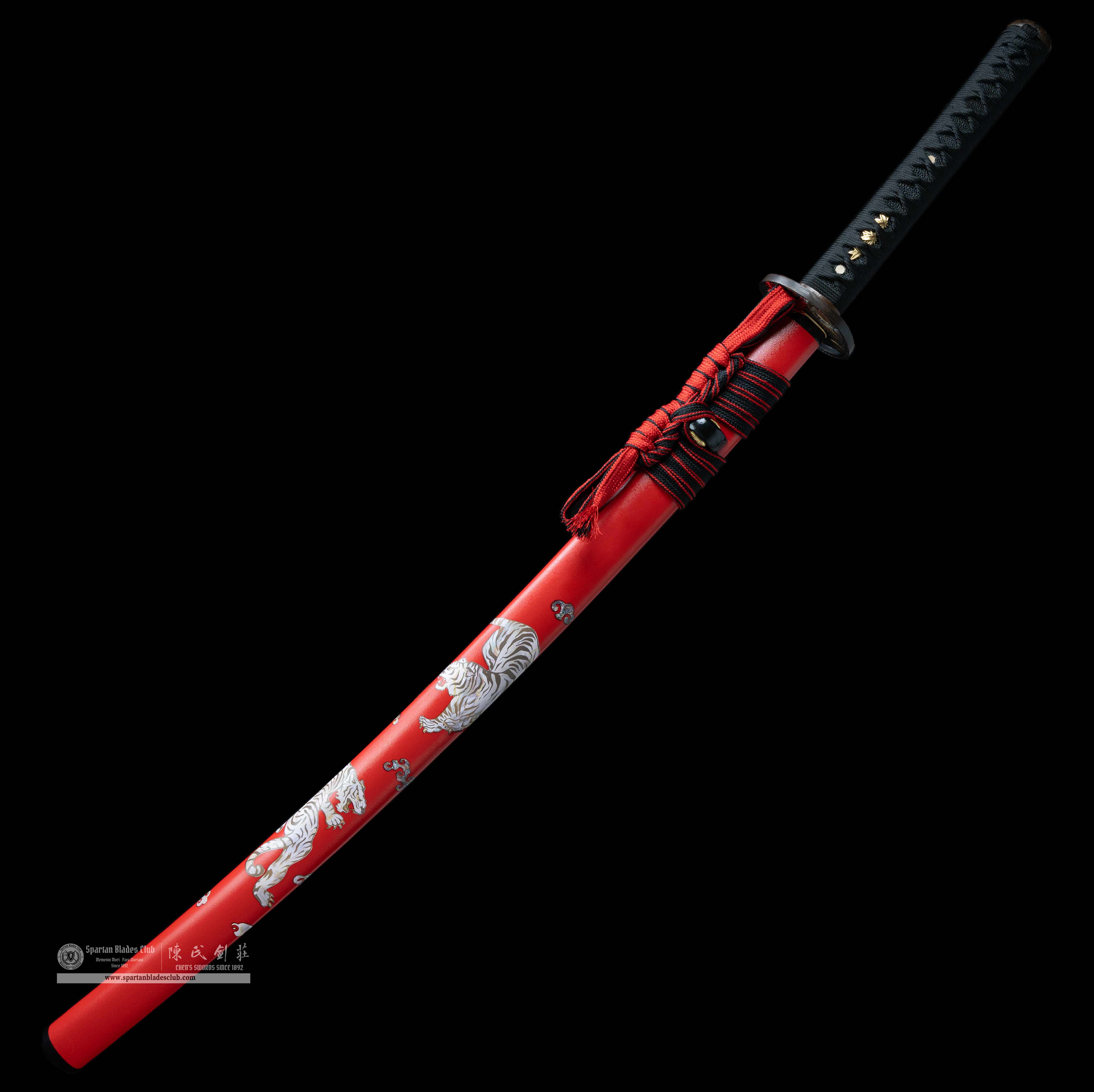 HY98 | ChiHu Samurai | Katana | Damascus steel | hand-forged | Clay tempered | Tiger | Red | Battle-Ready | Full-tang | Spartan Blades Club | CHEN'S SWORDS 1892 - Spartan Blades Club