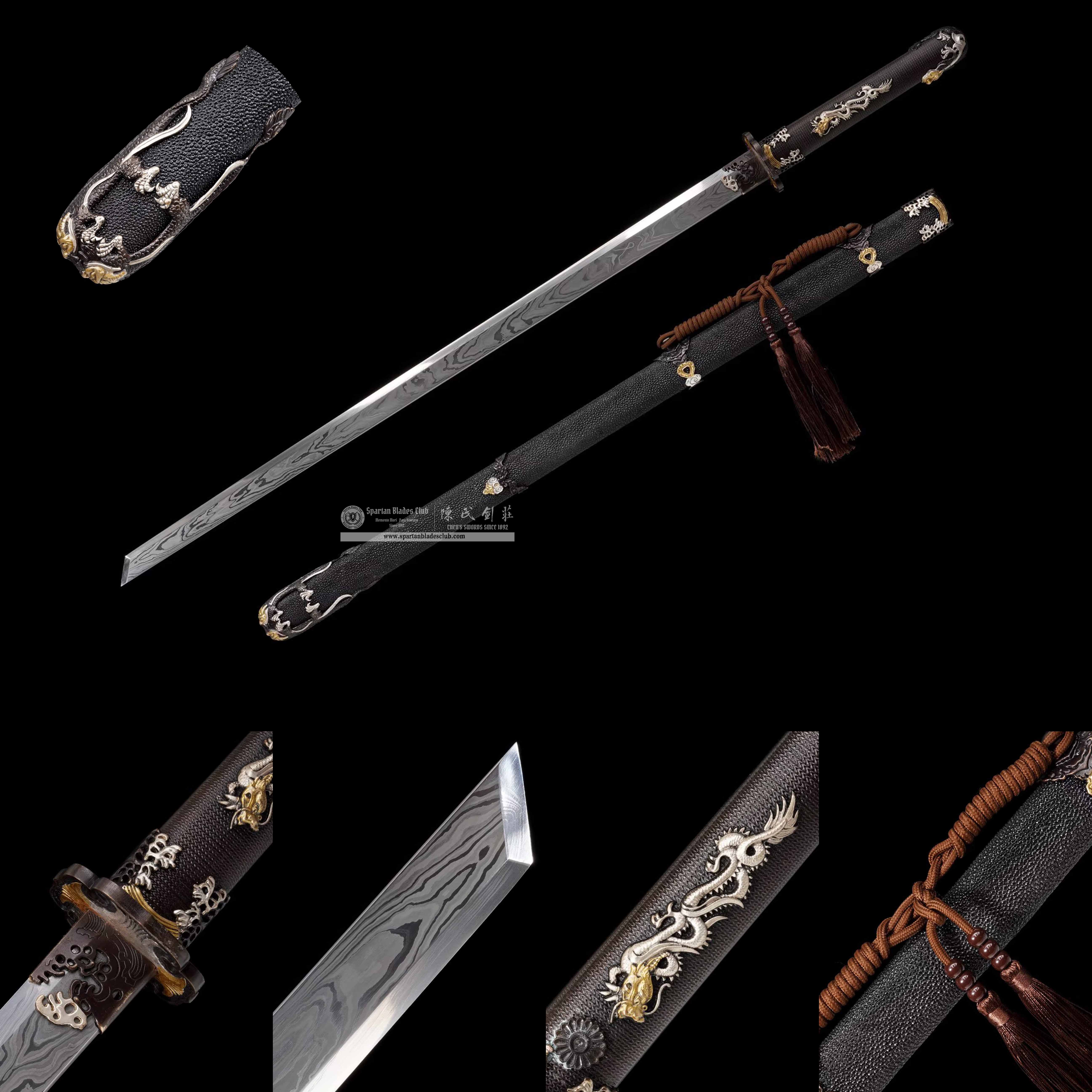 TL07 | Longyun Jiao sword | Chinese sword (Tang Dao) | Meteorolite iron made Damascus steel | Black&Golden | Ray-skin | Battle-Ready | Full-tang | Spartan Blades Club | CHEN'S SWORDS 1892 - Spartan Blades Club - 陳氏劍莊1892