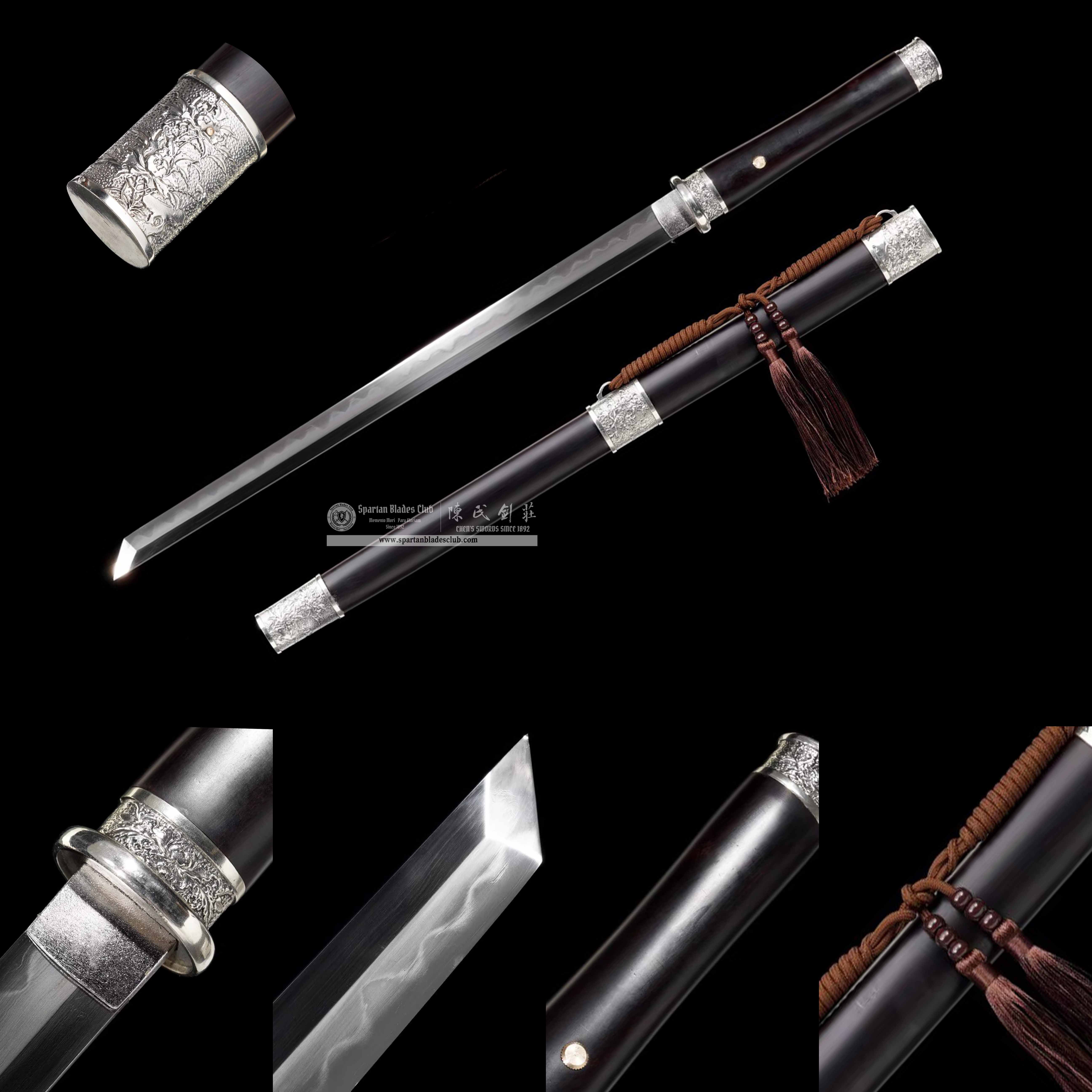 TL08 | Yin Tong Mu Dan sword | Chinese sword (Tang Dao) | Daisho set | Damascus steel | clay-tempered | real hamon | flower | Black&silvery | Ebony wood | Battle-Ready | Full-tang | Spartan Blades Club | CHEN'S SWORDS 1892 - Spartan Blades Club - 陳氏劍莊1892