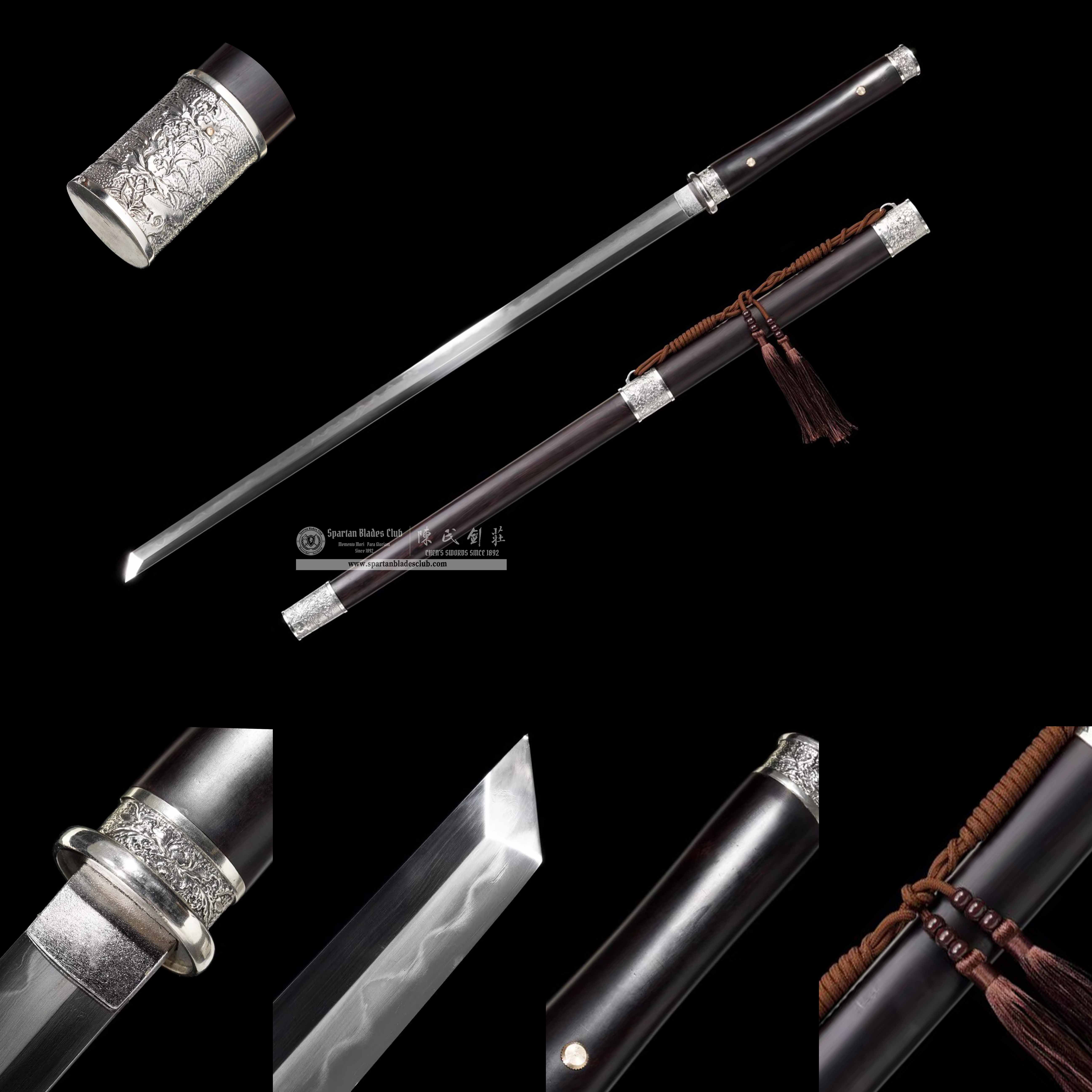 TL08 | Yin Tong Mu Dan sword | Chinese sword (Tang Dao) | Daisho set | Damascus steel | clay-tempered | real hamon | flower | Black&silvery | Ebony wood | Battle-Ready | Full-tang | Spartan Blades Club | CHEN'S SWORDS 1892 - Spartan Blades Club - 陳氏劍莊1892