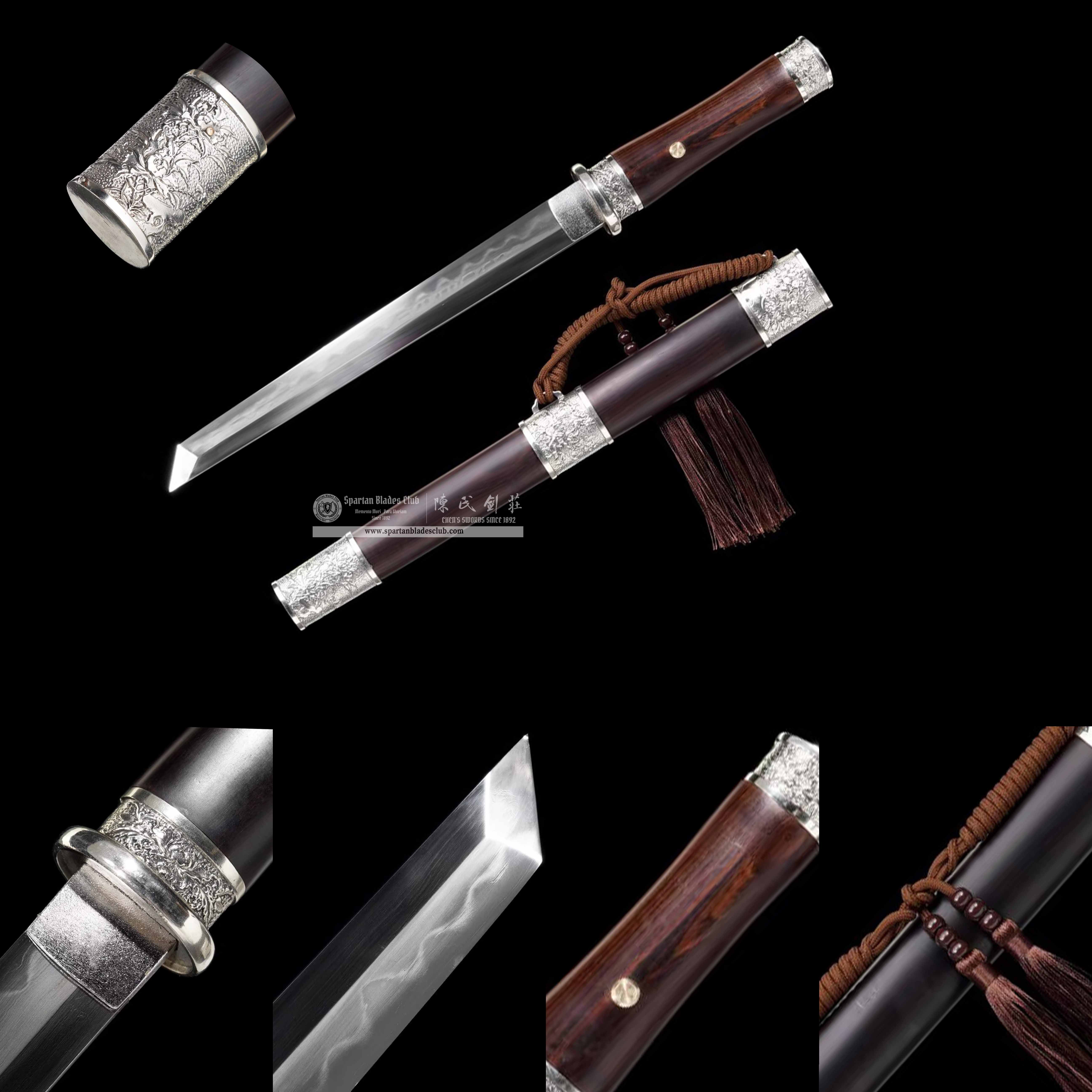 TL08 | Yin Tong Mu Dan sword | Chinese sword (Tang Dao) | Daisho set | Damascus steel | clay-tempered | real hamon | flower | Black&silvery | Ebony wood | Battle-Ready | Full-tang | Spartan Blades Club | CHEN'S SWORDS 1892 - Spartan Blades Club - 陳氏劍莊1892