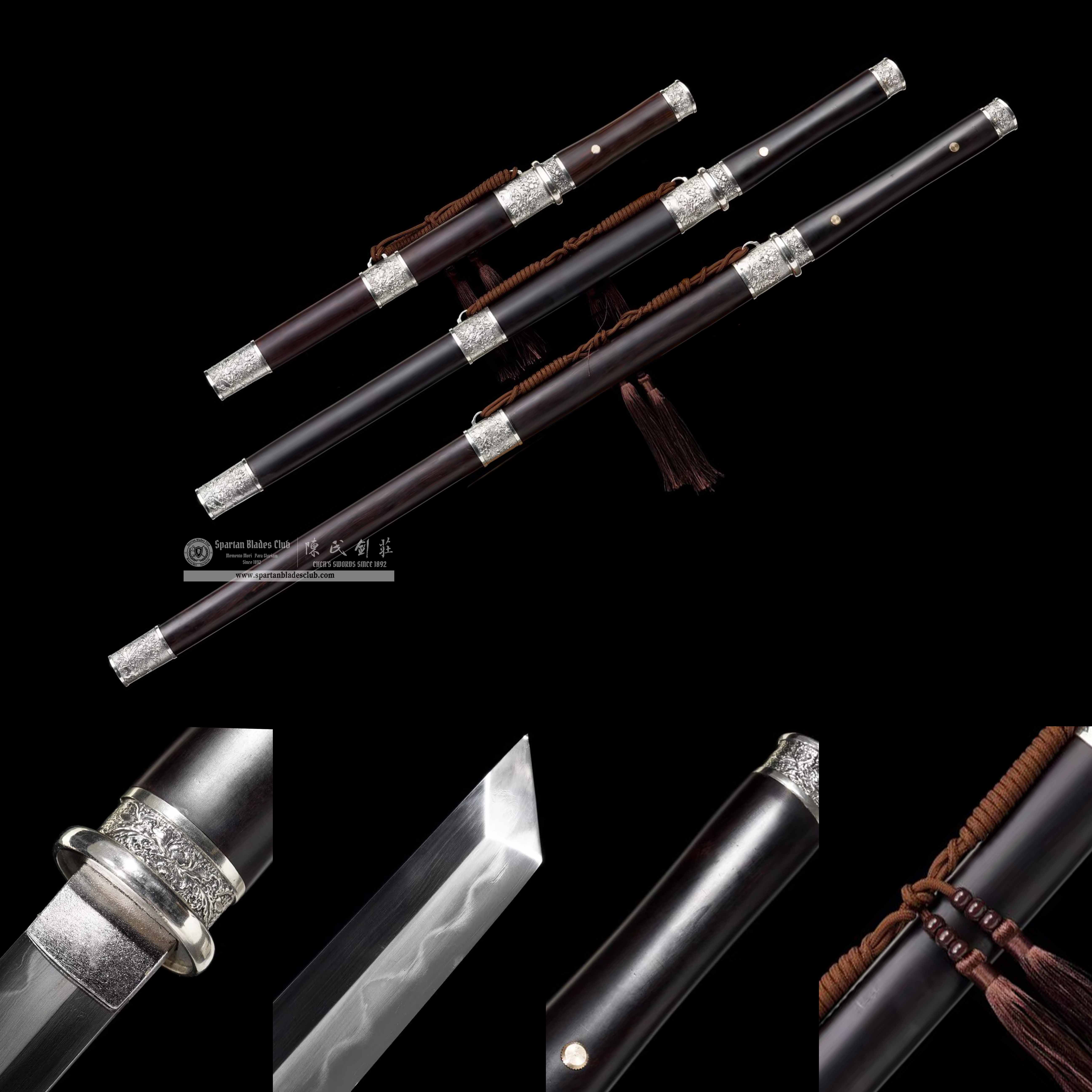 TL08 | Yin Tong Mu Dan sword | Chinese sword (Tang Dao) | Daisho set | Damascus steel | clay-tempered | real hamon | flower | Black&silvery | Ebony wood | Battle-Ready | Full-tang | Spartan Blades Club | CHEN'S SWORDS 1892 - Spartan Blades Club - 陳氏劍莊1892