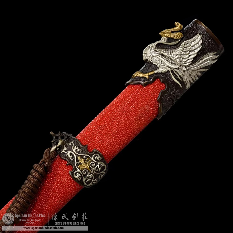 TL10 | Chihuang Tang Sword | Chinese sword (Tang Dao) | Honsanmai structure blade | T10 steel wrapped in Damascus steel | clay-tempered | phoenix | Red&Golden | Ray-skin | Battle-Ready | Full-tang | Spartan Blades Club | CHEN'S SWORDS 1892 - Spartan Blades Club - 陳氏劍莊1892