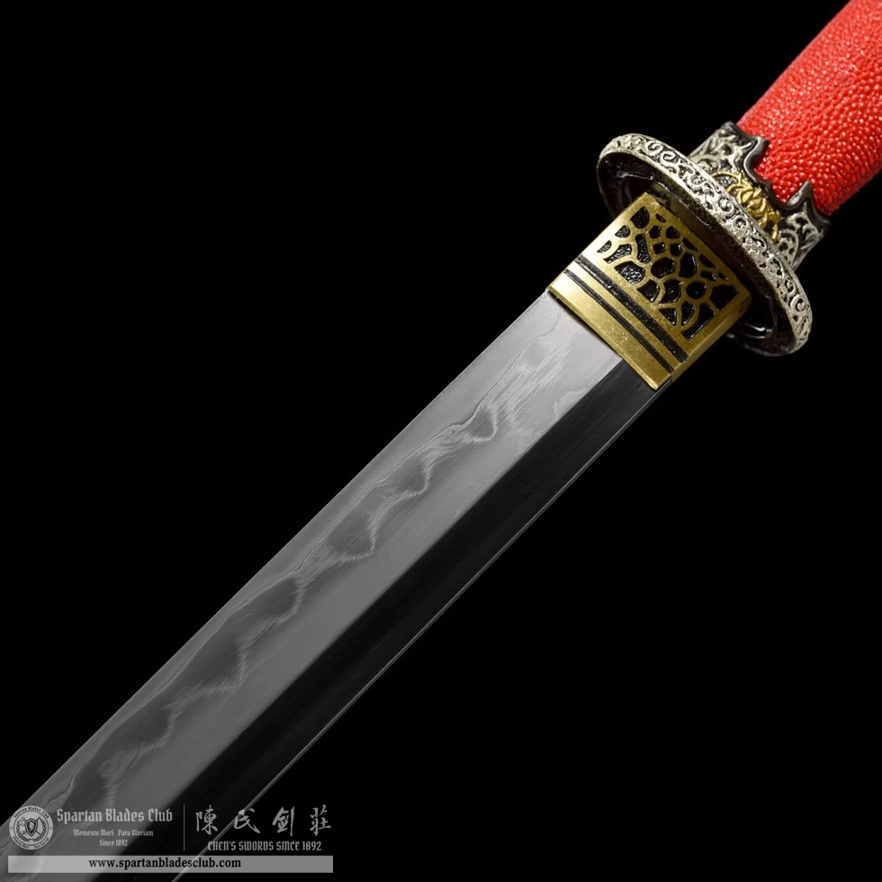 TL10 | Chihuang Tang Sword | Chinese sword (Tang Dao) | Honsanmai structure blade | T10 steel wrapped in Damascus steel | clay-tempered | phoenix | Red&Golden | Ray-skin | Battle-Ready | Full-tang | Spartan Blades Club | CHEN'S SWORDS 1892 - Spartan Blades Club - 陳氏劍莊1892