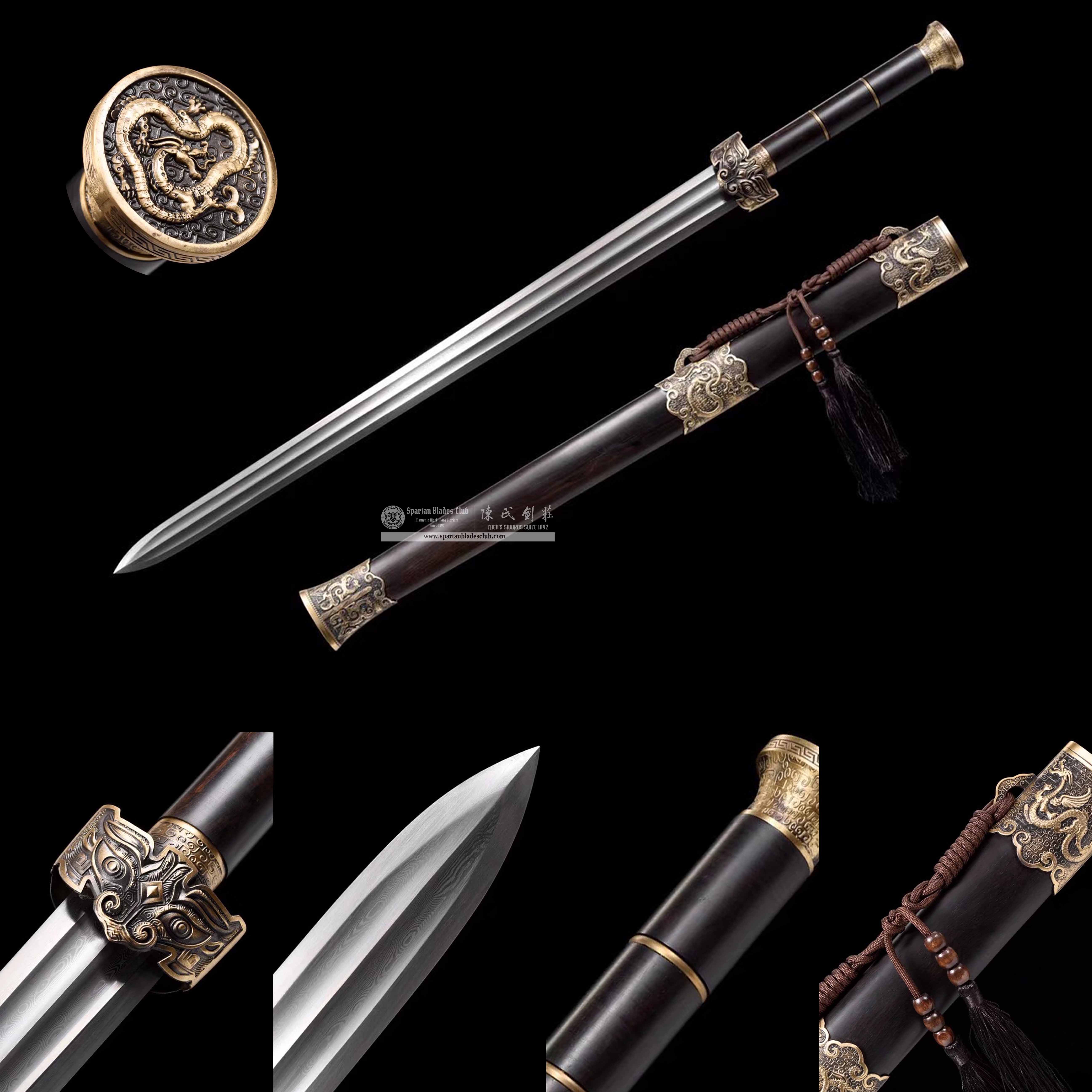 TL09 | Jinlongwen Heavy Sword | Chinese sword (Heavy Sword) | Damascus steel | twist and stars pattern | Wamian Structured | Black&Golden | Loong(Chinese dragon) | Ebony wood | Battle-Ready | Full-tang | Spartan Blades Club | CHEN'S SWORDS 1892 - Spartan Blades Club - 陳氏劍莊1892