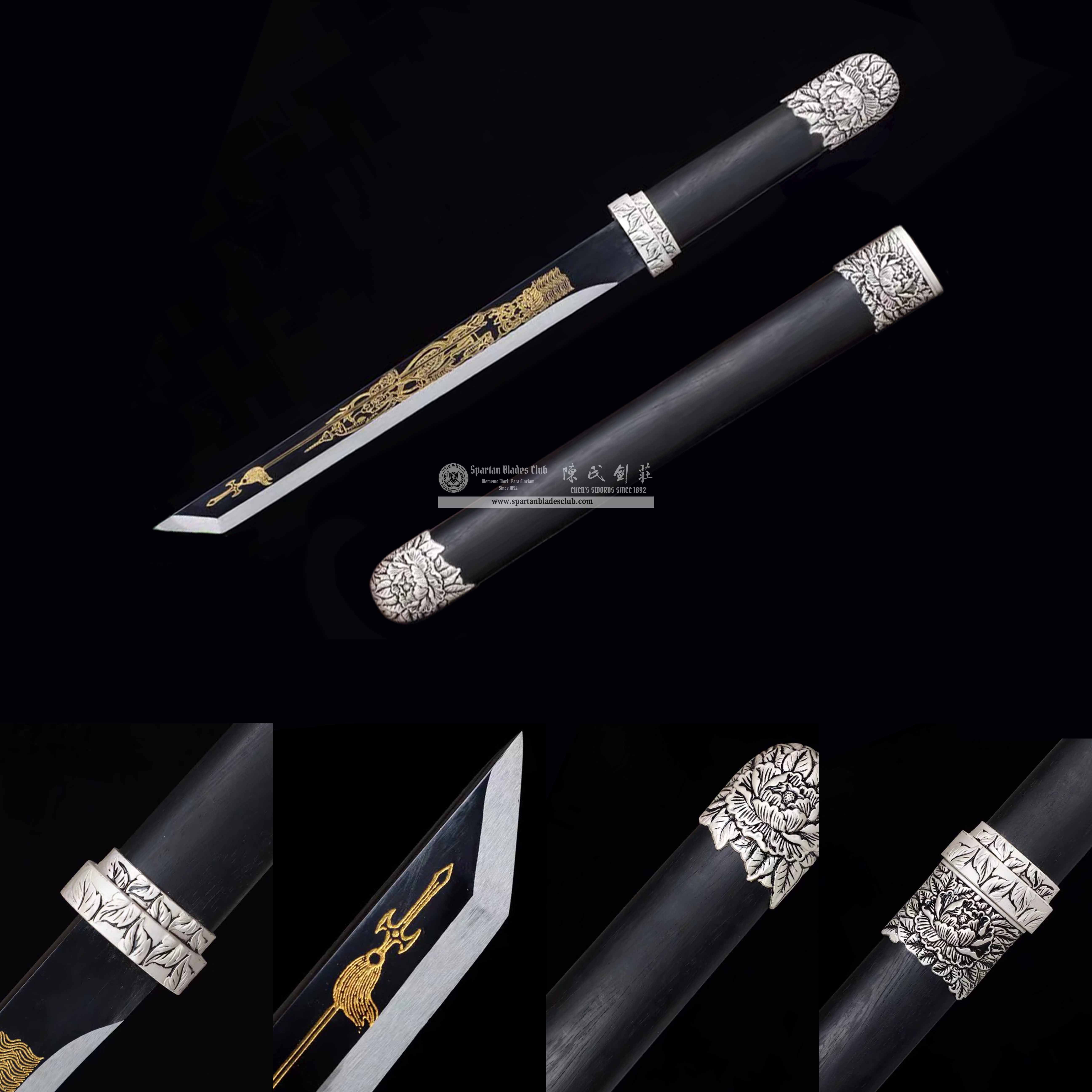 TL11 | Mudan Tang Short Sword | Chinese sword (Tang Dao) | High manganese steel | flower | Black&Silvery | Ebony wood | Battle-Ready | Full-tang | Spartan Blades Club | CHEN'S SWORDS 1892 - Spartan Blades Club - 陳氏劍莊1892
