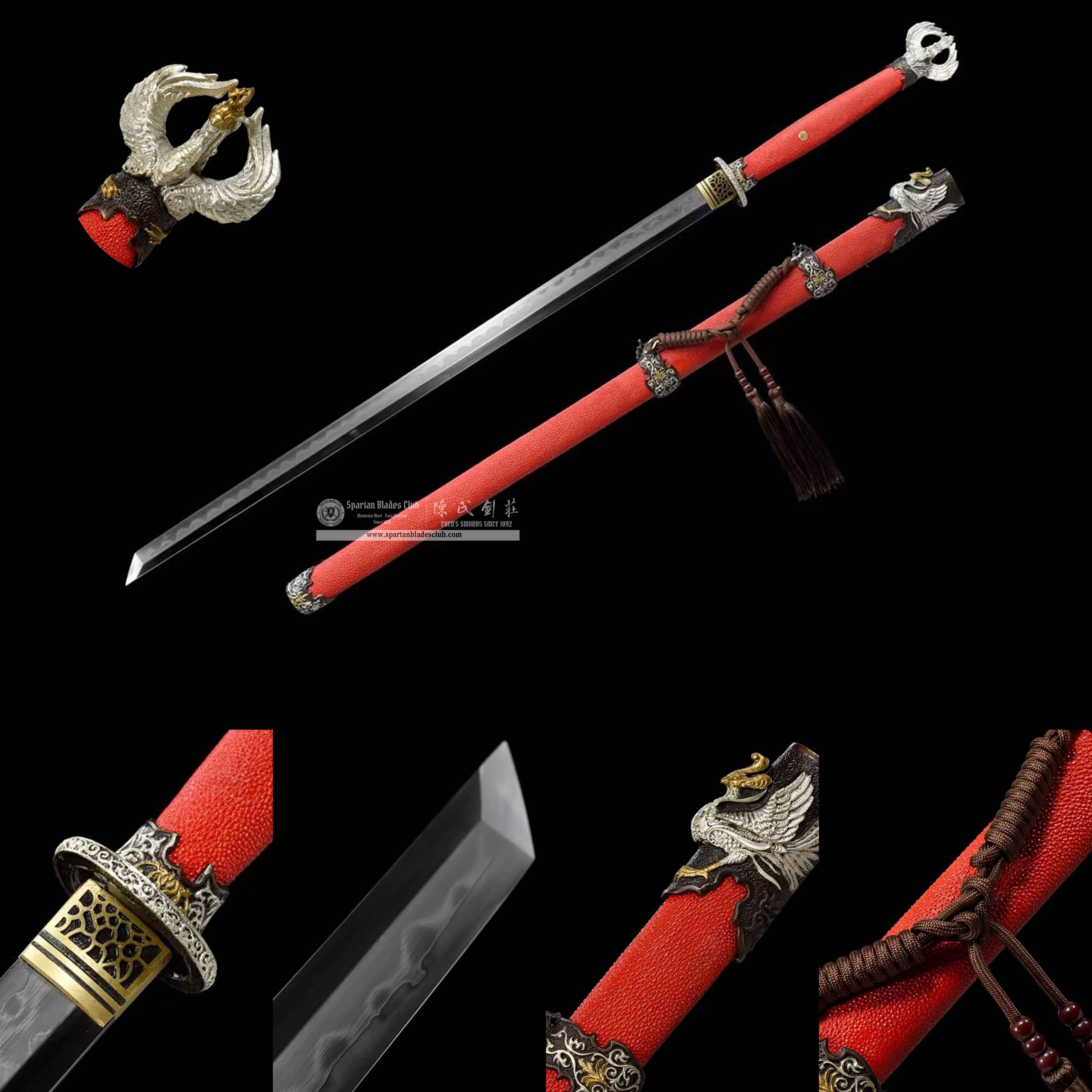 TL10 | Chihuang Tang Sword | Chinese sword (Tang Dao) | Honsanmai structure blade | T10 steel wrapped in Damascus steel | clay-tempered | phoenix | Red&Golden | Ray-skin | Battle-Ready | Full-tang | Spartan Blades Club | CHEN'S SWORDS 1892 - Spartan Blades Club - 陳氏劍莊1892