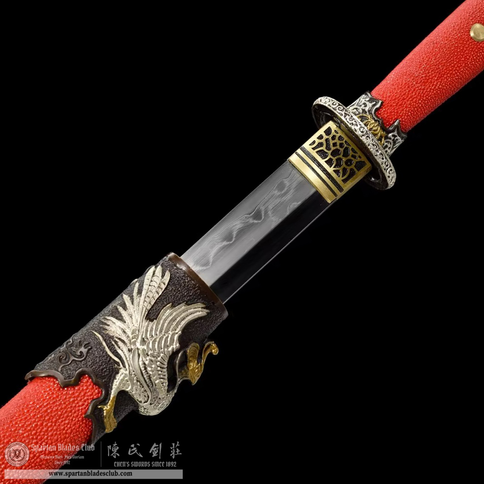 TL10 | Chihuang Tang Sword | Chinese sword (Tang Dao) | Honsanmai structure blade | T10 steel wrapped in Damascus steel | clay-tempered | phoenix | Red&Golden | Ray-skin | Battle-Ready | Full-tang | Spartan Blades Club | CHEN'S SWORDS 1892 - Spartan Blades Club - 陳氏劍莊1892