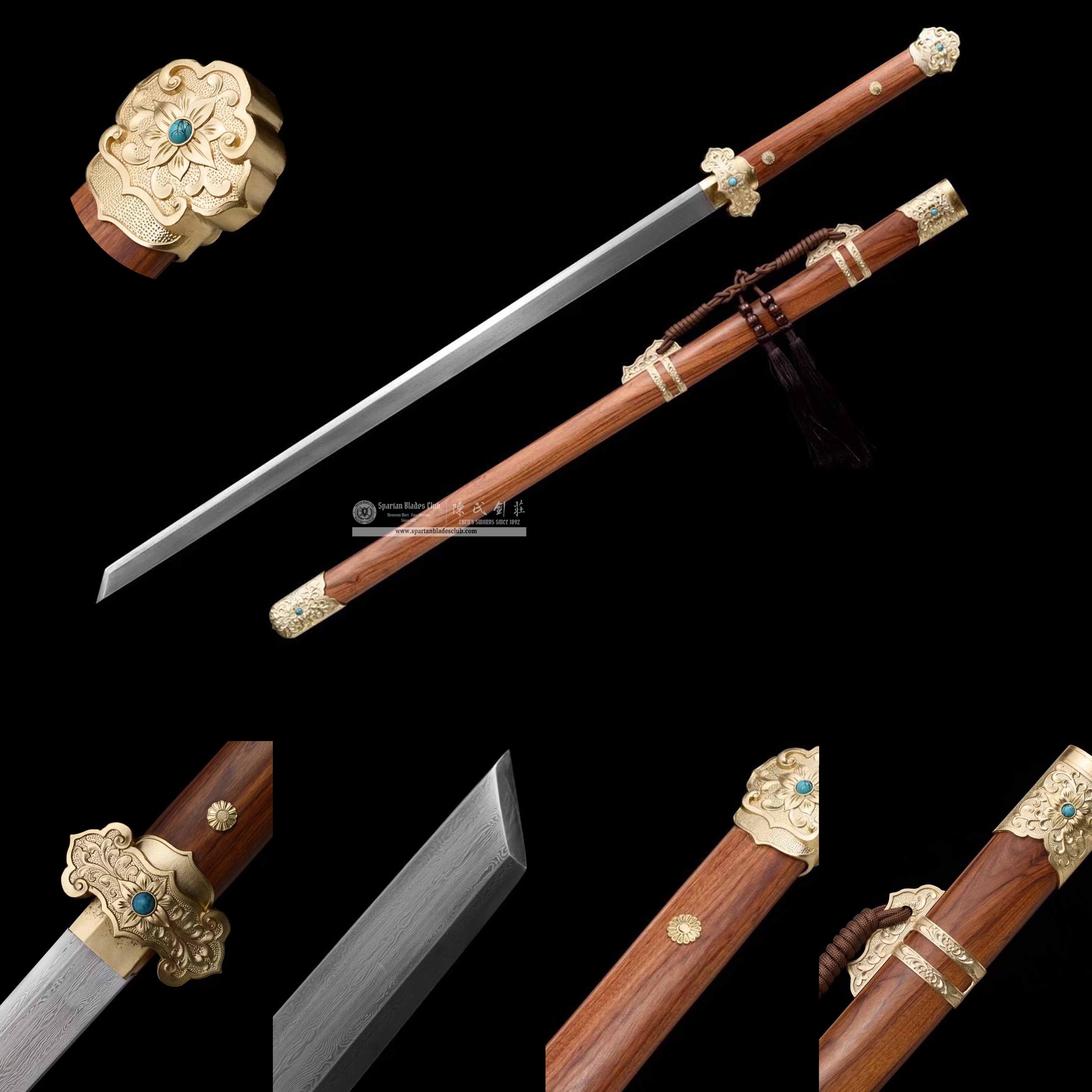 TL12 | Huaguang Tang Sword | Chinese sword (Tang Dao) | Damascus steel | flower | Brown&Golden | Rosewood | Battle-Ready | Full-tang | Spartan Blades Club | CHEN'S SWORDS 1892 - Spartan Blades Club - 陳氏劍莊1892