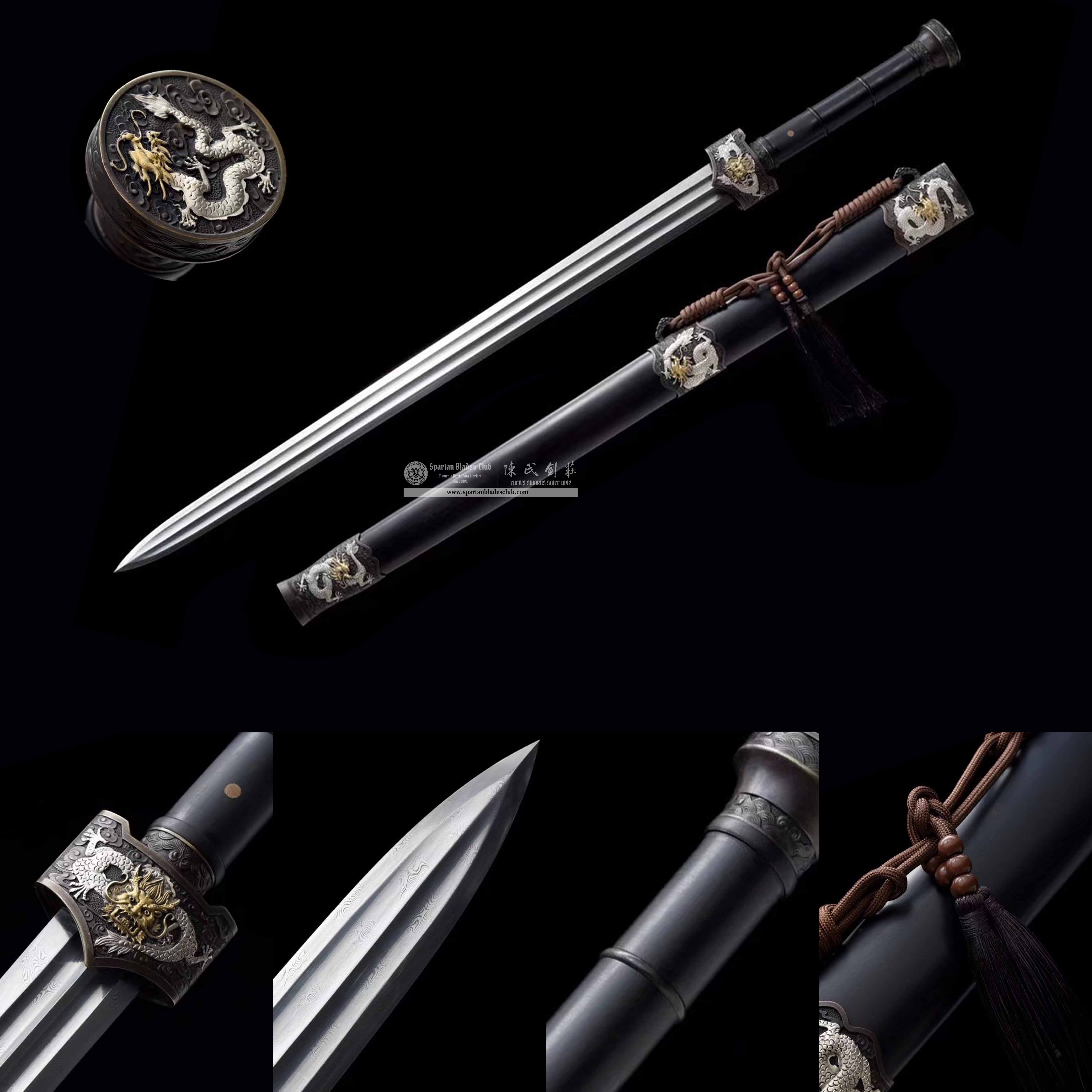 TL19 | Yulong Zhan Jian | Chinese sword (JIAN) | Damascus steel | twist and stars pattern | Wamian Structured | Black | Battle-Ready | Full-tang | Spartan Blades Club | CHEN'S SWORDS 1892 - Spartan Blades Club - 陳氏劍莊1892