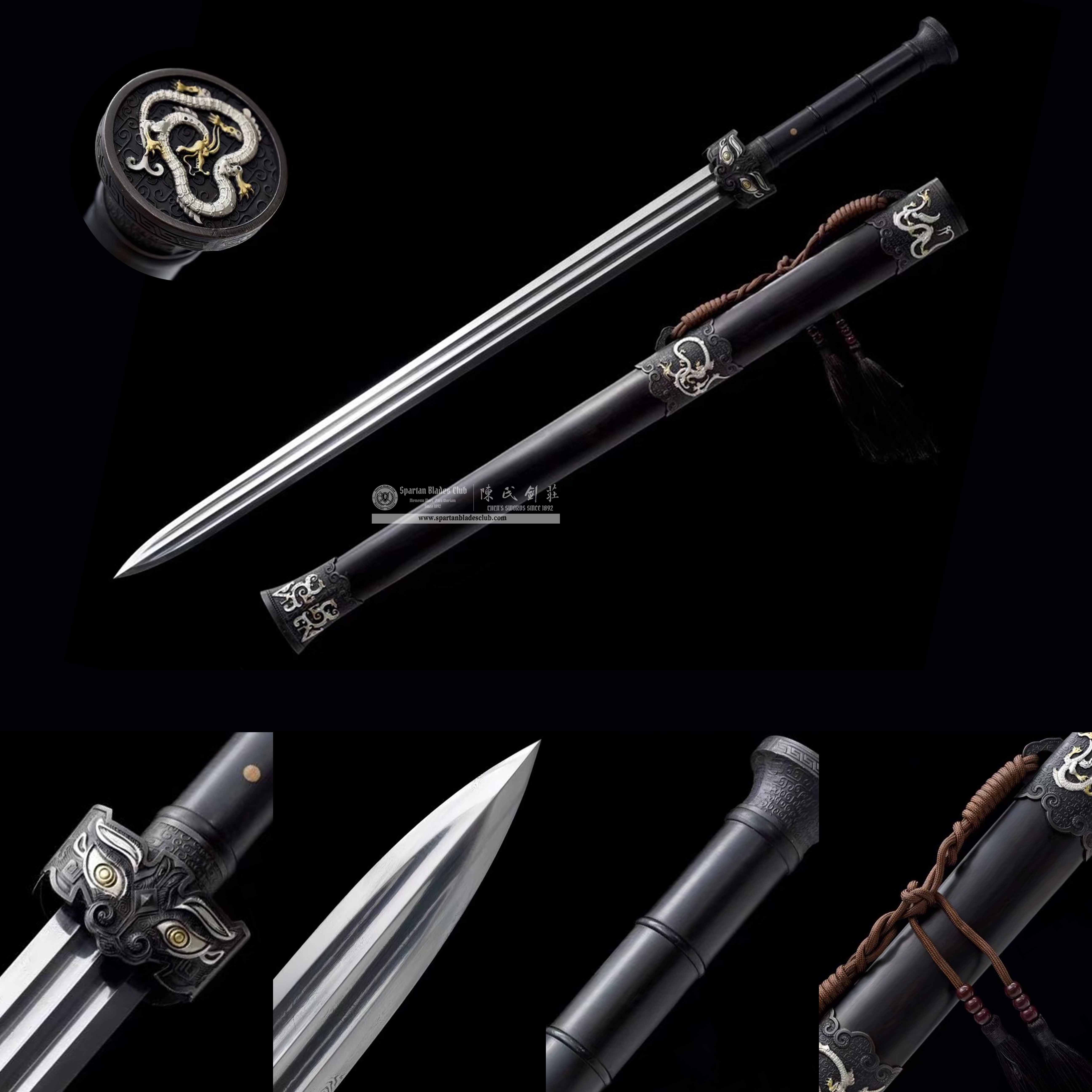 TL18 | Longhu Zhan Jian | Chinese sword (JIAN) | Damascus steel | twist and stars pattern | Wamian Structured | Black | Battle-Ready | Full-tang | Spartan Blades Club | CHEN'S SWORDS 1892 - Spartan Blades Club - 陳氏劍莊1892