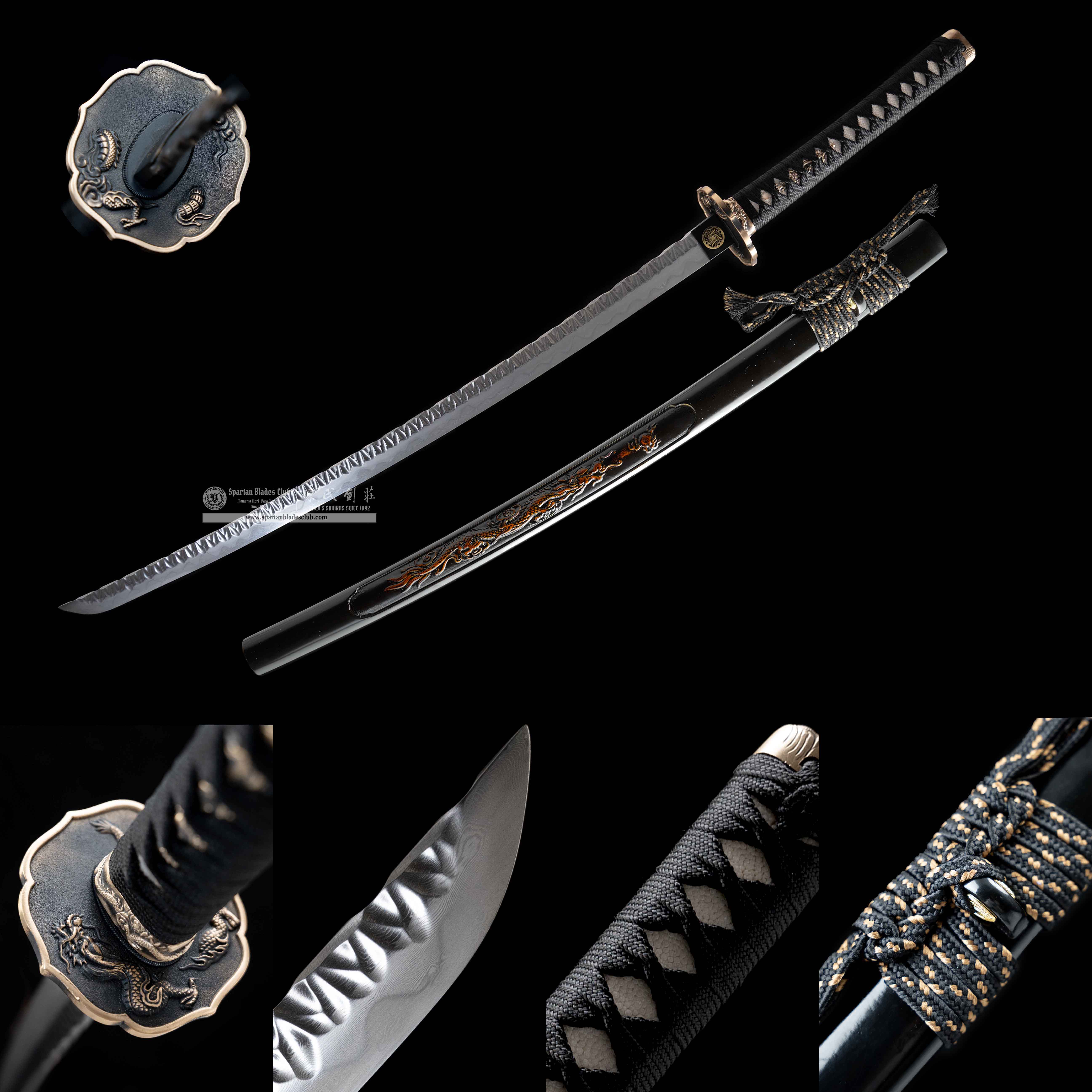 HY108 🐉|AnLoong Katana|Katana|Damascus steel|Clay-tempered|Real Hamon|Loong(Dragon)|Black&golden|Battle-Ready|Full-tang|Spartan Blades Club|CHEN'S SWORDS 1892 - Spartan Blades Club - 陳氏劍莊1892