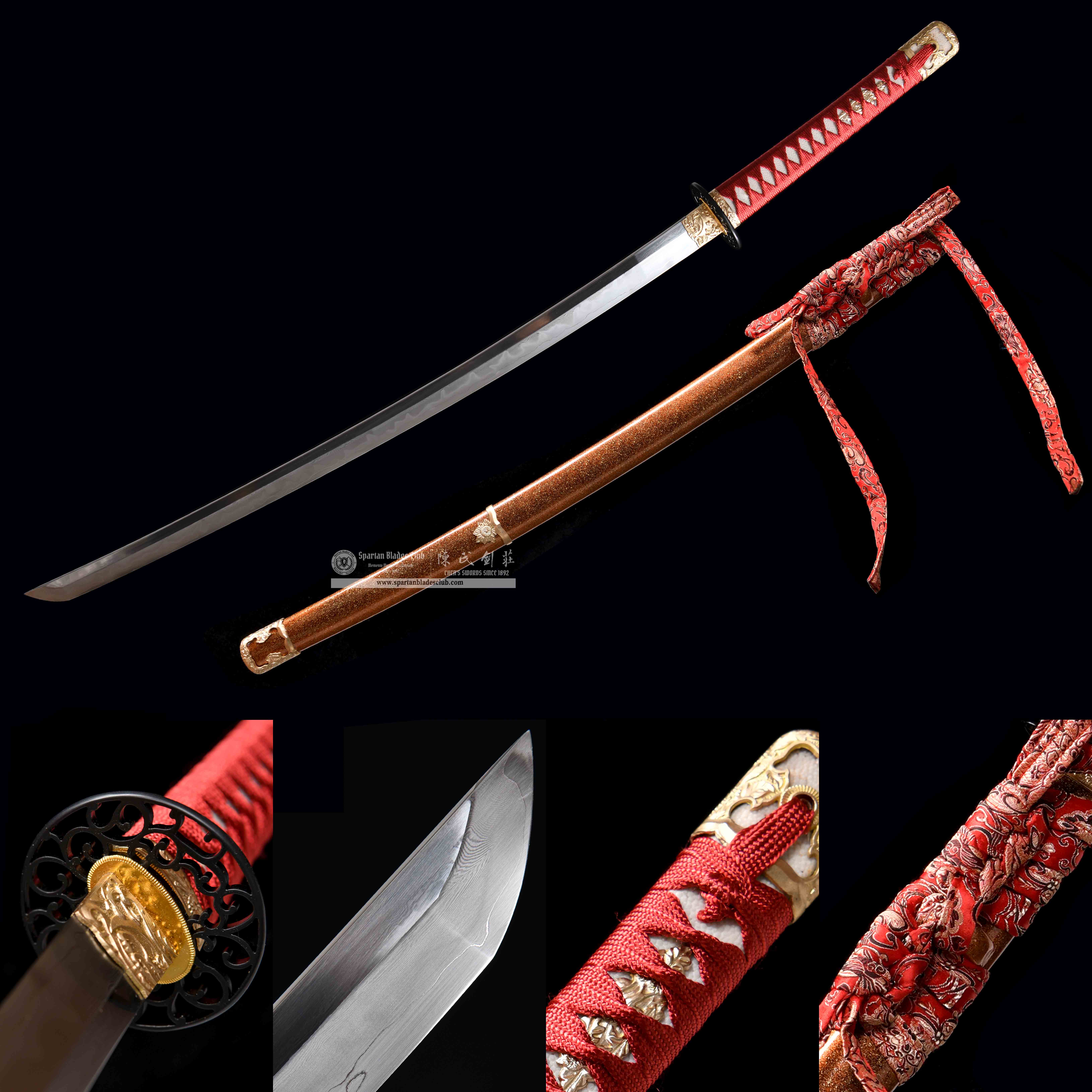 HY114 | Hanabana Tachi | T10 Steel-wrapped Damascus Steel | Honsanmai-structured Blade | Real Hamon | Hadori Polishing | Red | Battle-Ready | Full-tang | Spartan Blades Club | CHEN'S SWORDS 1892 - Spartan Blades Club - 陳氏劍莊1892