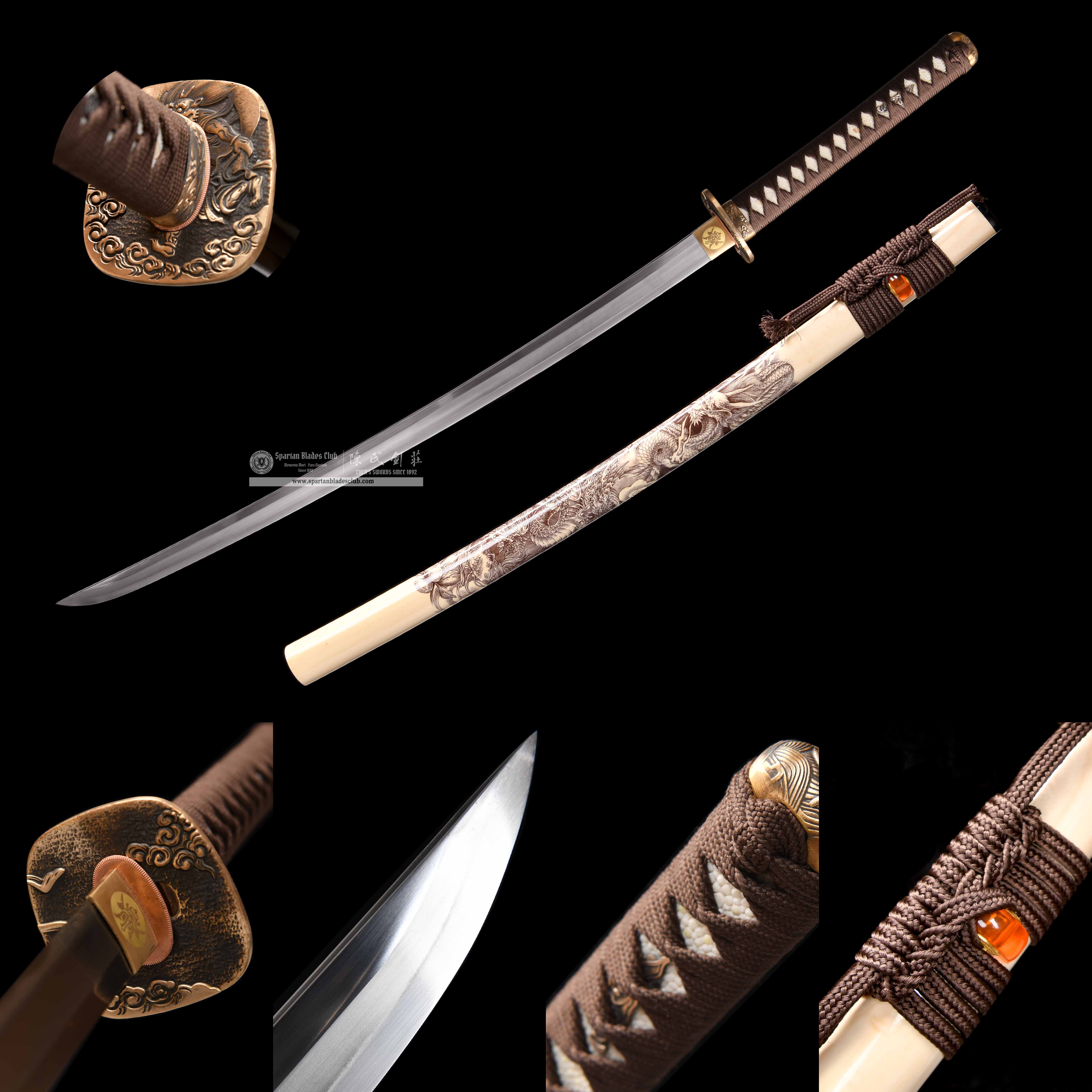 HY110 | Longguiwen Katana | Katana | T10 Steel | Clay-tempered | Brown&Natural wood color | Chinese loong | Battle-Ready | Full-tang | Spartan Blades Club | CHEN'S SWORDS 1892 - Spartan Blades Club - 陳氏劍莊1892