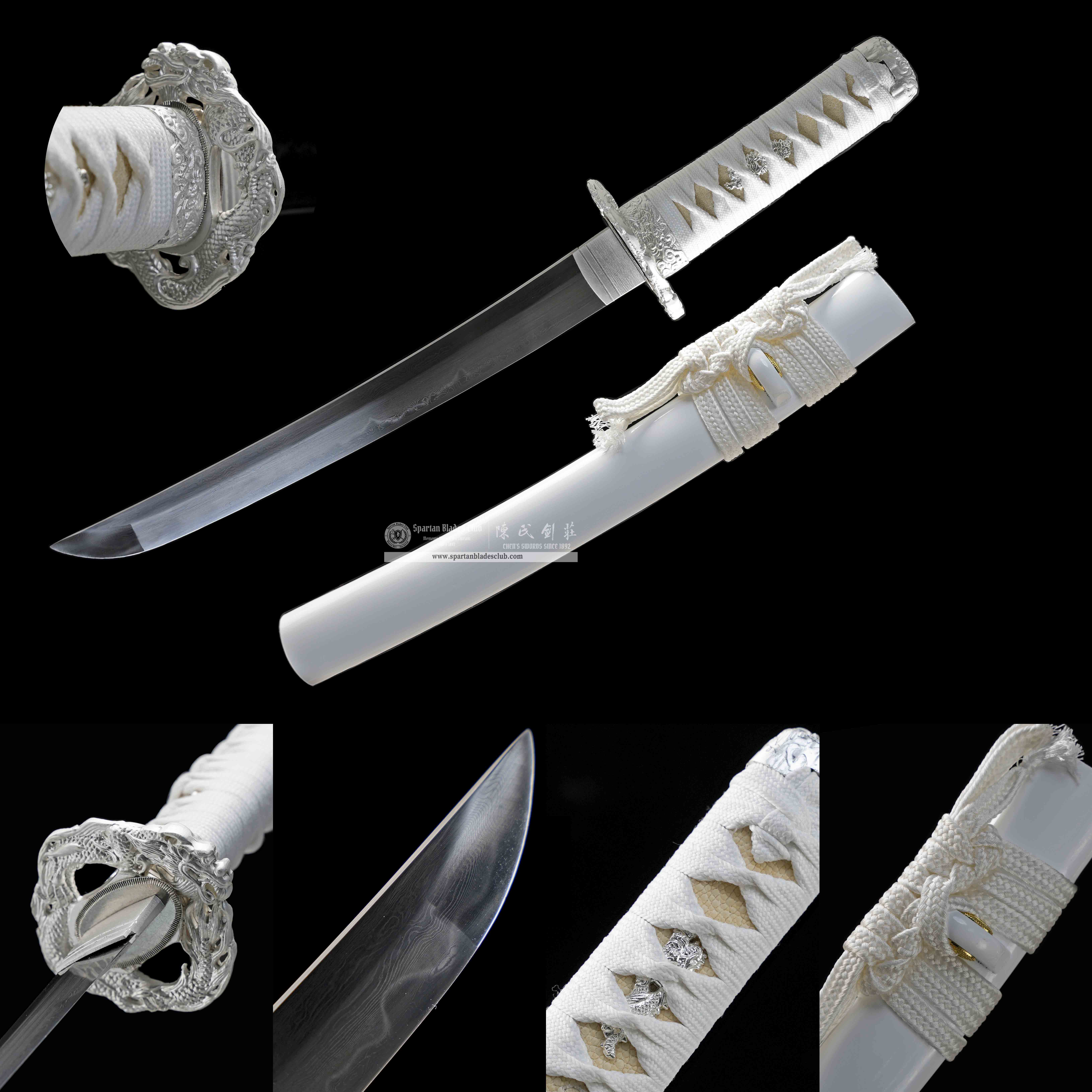 HY124 | Bai Loong Samurai | Tanto | Damascus Steel | Clay-tempered | Real Hamon| Chinese Loong | White | Battle-Ready | Full-tang | Spartan Blades Club | CHEN'S SWORDS 1892 - Spartan Blades Club - 陳氏劍莊1892