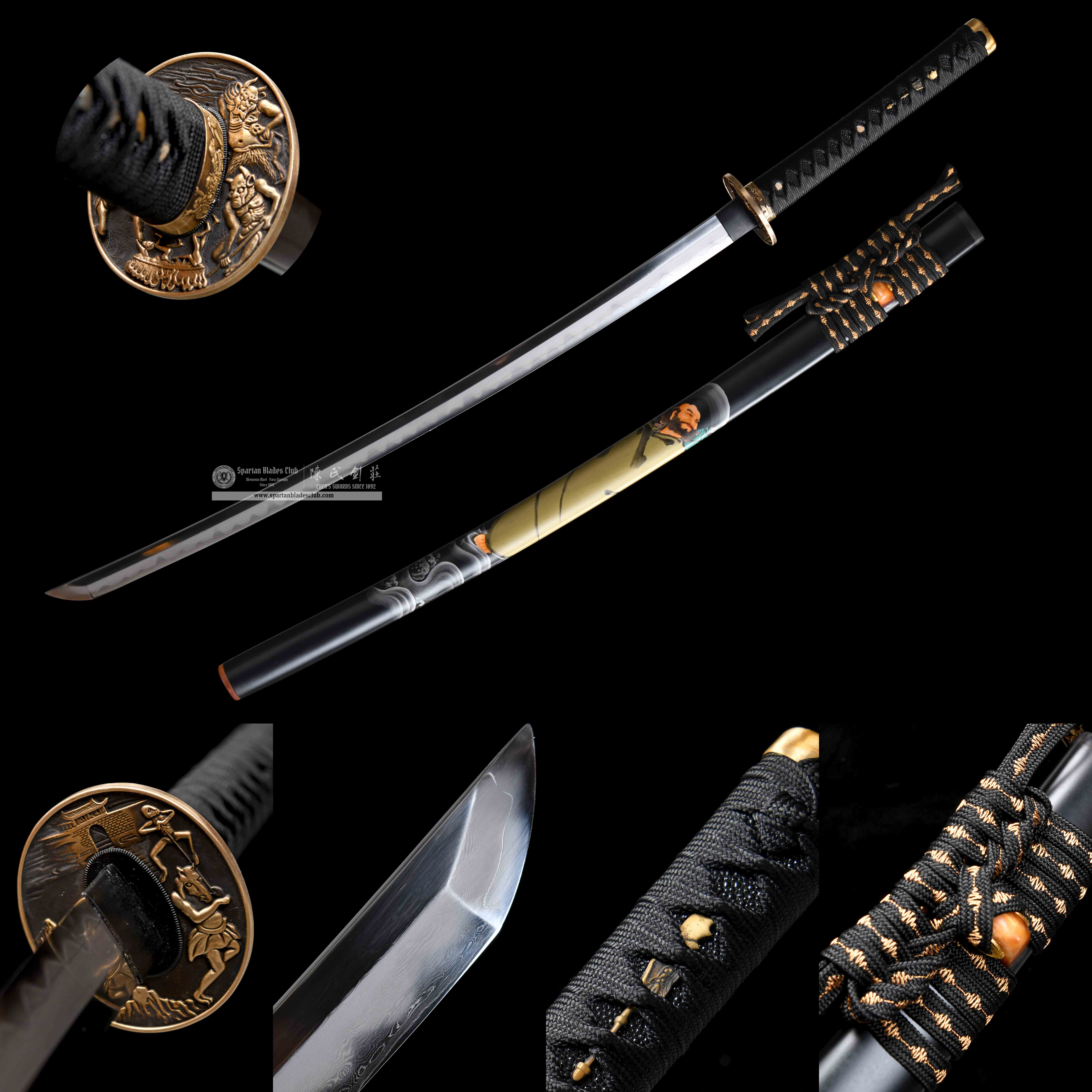 HY121 | Bodhidharma Blade | Katana | A reed cross the river | Honsanmai-structured Blade | T10 Steel-wrapped Damascus Steel | Clay-tempered | Black | Battle-Ready | Full-tang | Spartan Blades Club | CHEN'S SWORDS 1892 - Spartan Blades Club - 陳氏劍莊1892