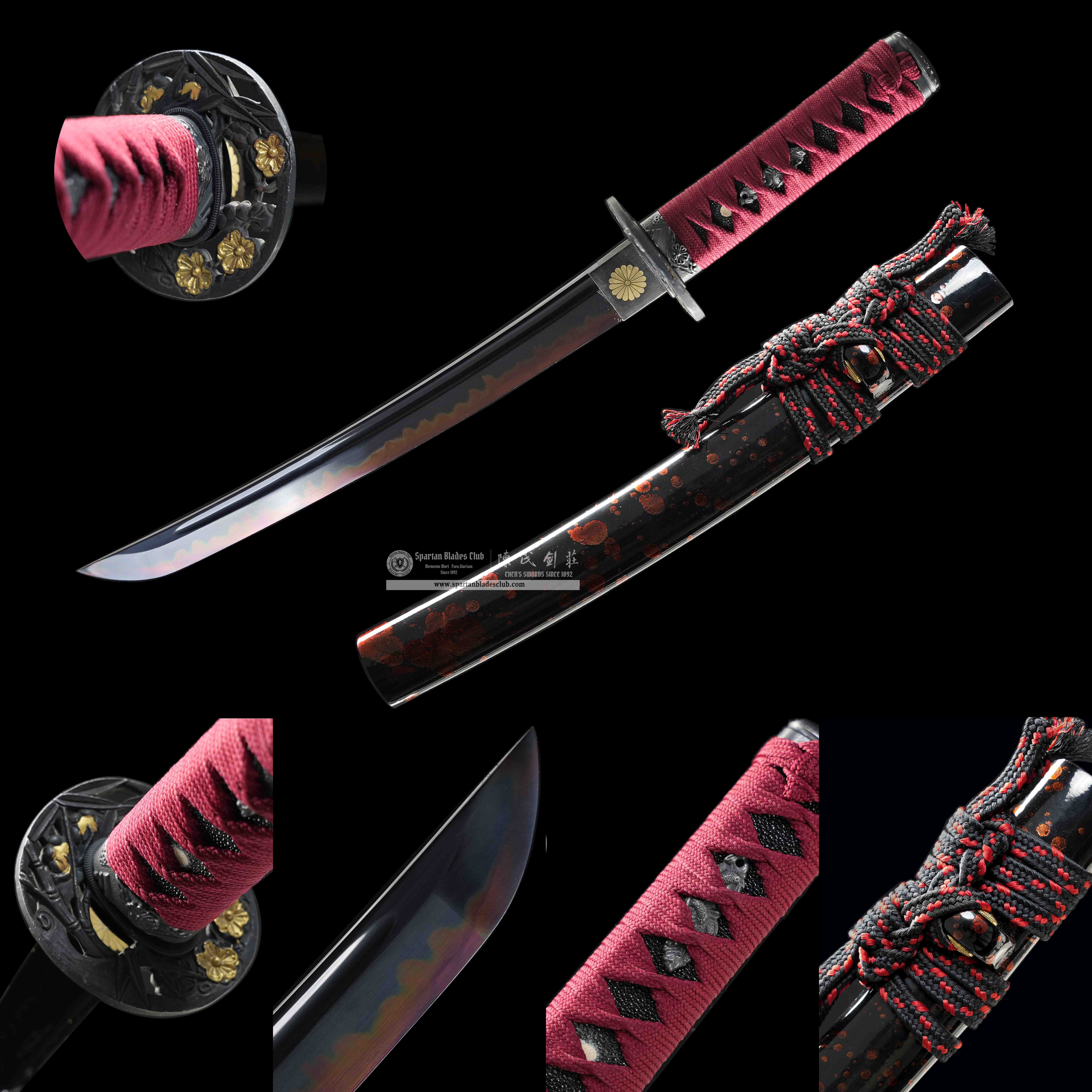 HY125 | Zhumei Samurai | Tanto | T10 Steel | Clay-tempered | Real Hamon| Bamboo Flowers | Black&Red | Battle-Ready | Full-tang | Spartan Blades Club | CHEN'S SWORDS 1892 - Spartan Blades Club - 陳氏劍莊1892