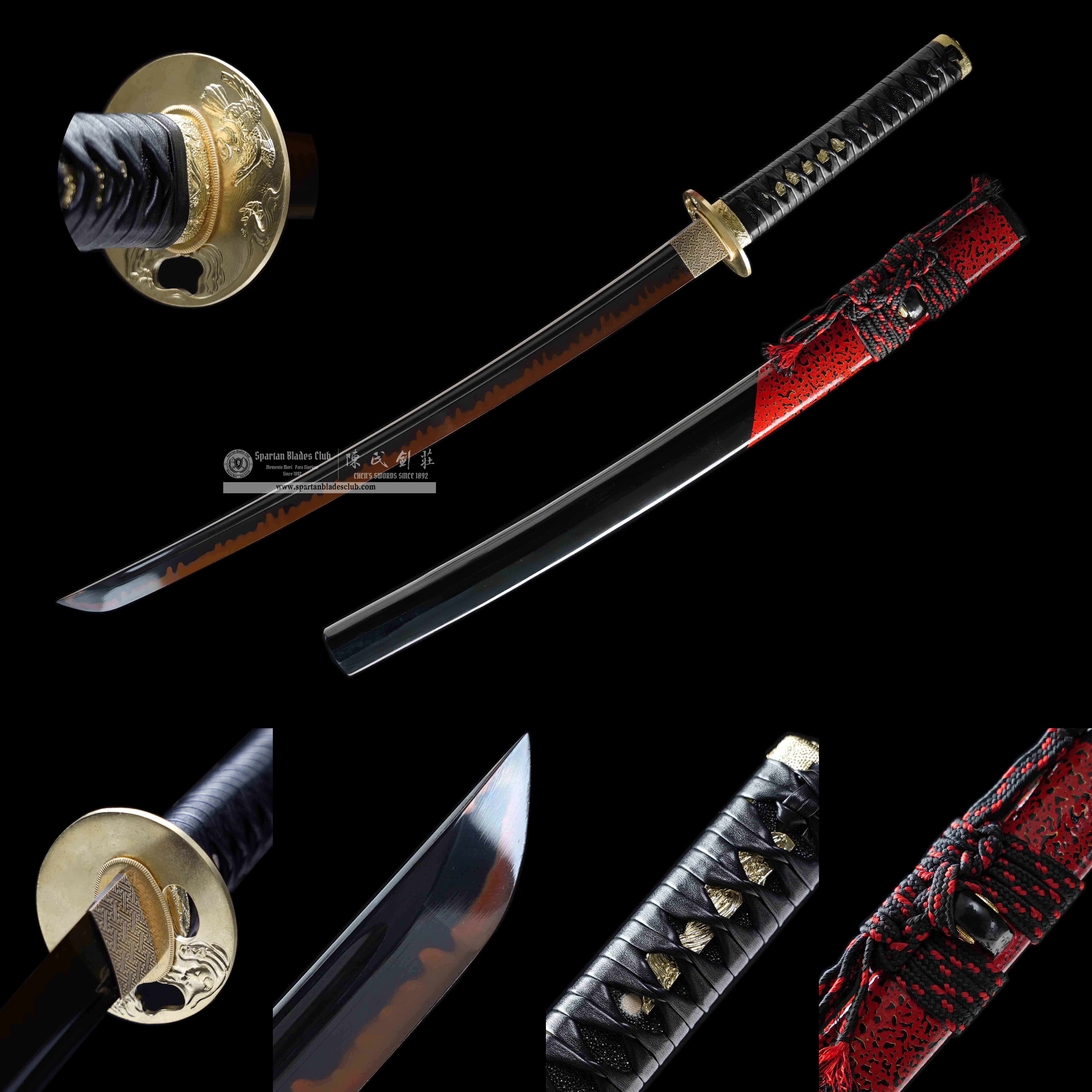 HY130 | Sekigen Samurai | Wakizashi | T10 Steel | Clay-tempered | Real Hamon | Black&Red | bird | Battle-Ready | Full-tang | Spartan Blades Club | CHEN'S SWORDS 1892 - Spartan Blades Club - 陳氏劍莊1892