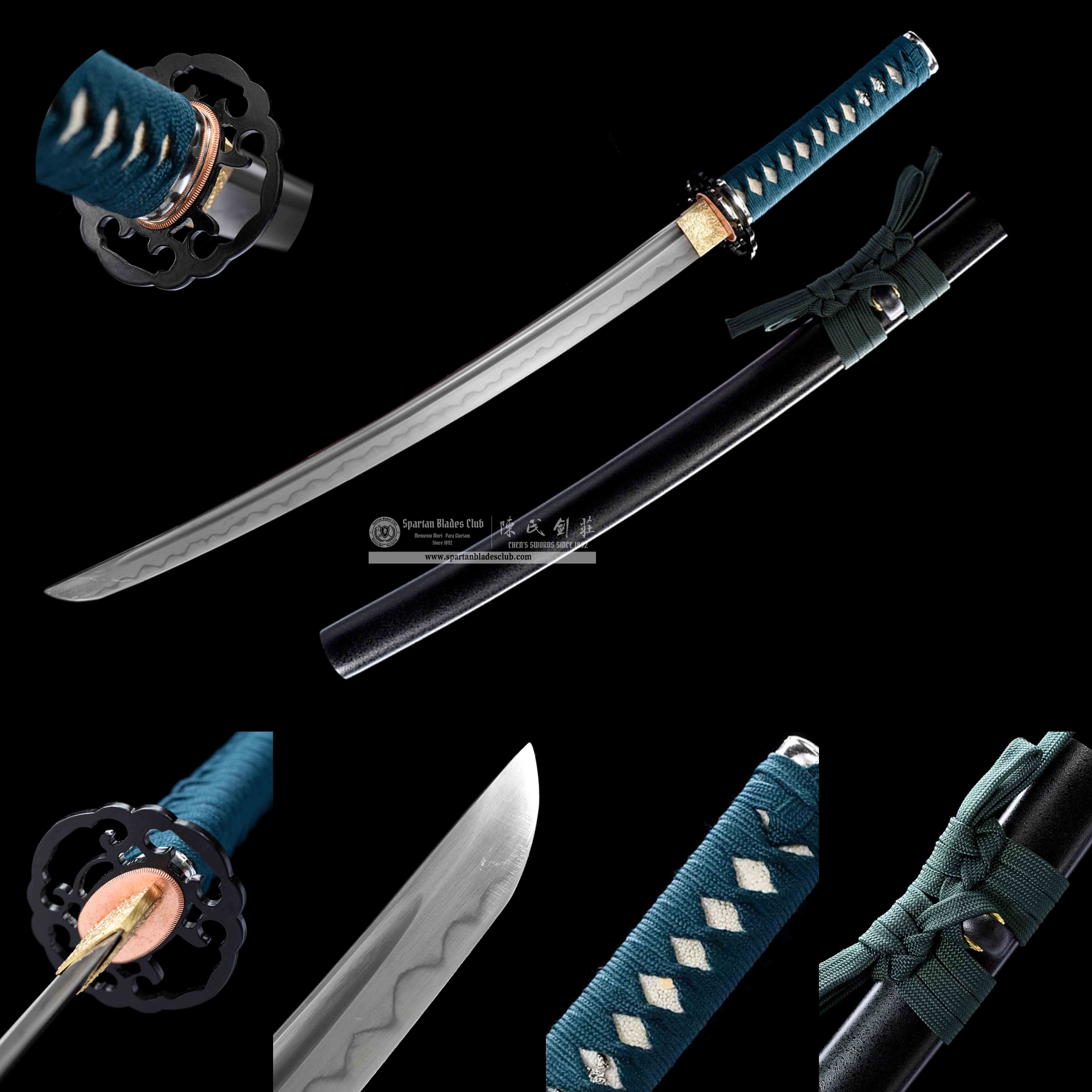 HW16 | Bokusho Wakizashi | T8 Steel (High Carbon Steel) | Clay-tempered | Real Hamon | Black&Green | Battle-Ready | Full-tang | Spartan Blades Club | CHEN'S SWORDS 1892 - Spartan Blades Club - 陳氏劍莊1892