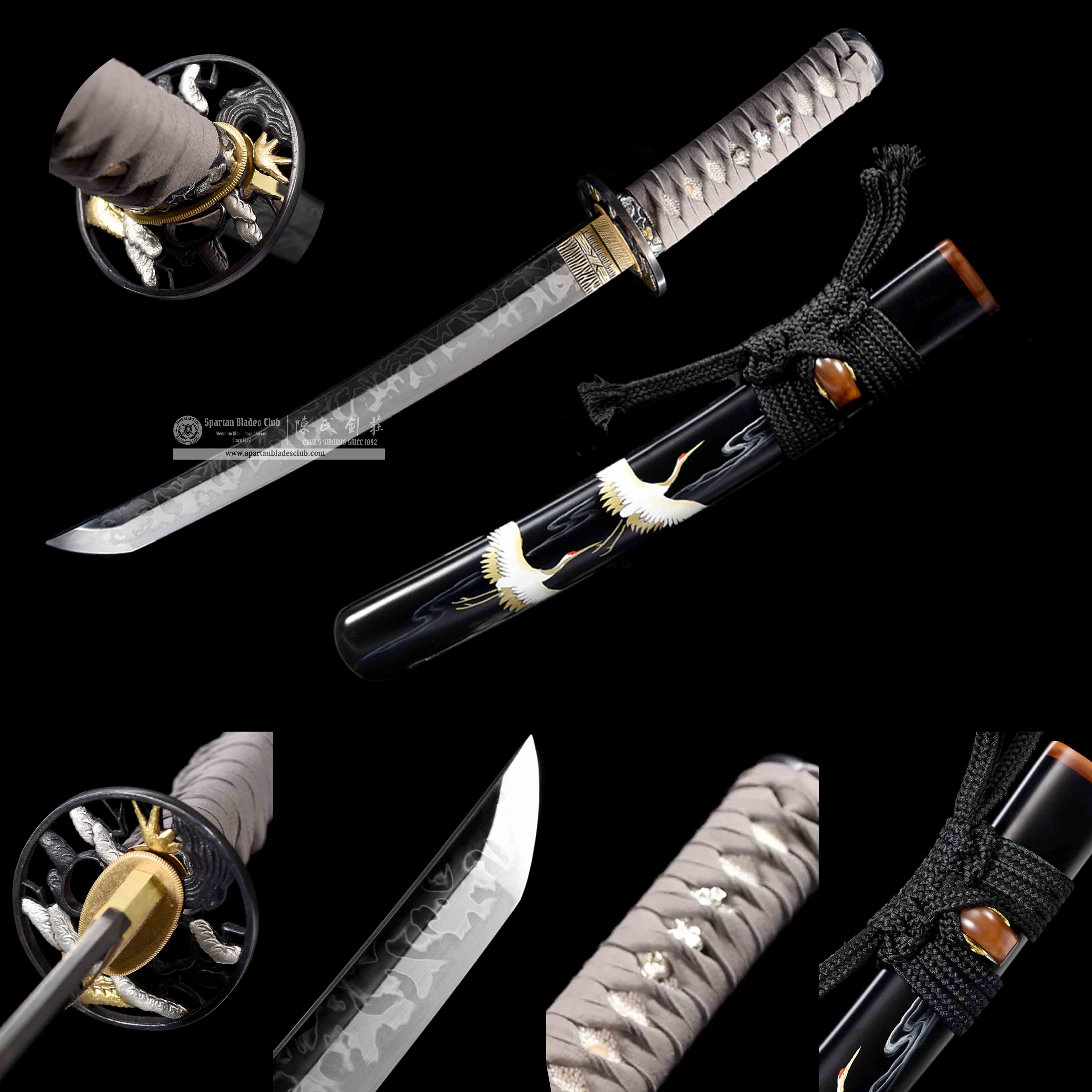 HW22 | XianHe | Tanto | T10 Steel | Clay-tempered | Real Hamon | Hitatsura Hamon | Black | cranes | Battle-Ready | Full-tang | Spartan Blades Club | CHEN'S SWORDS 1892 - Spartan Blades Club - 陳氏劍莊1892