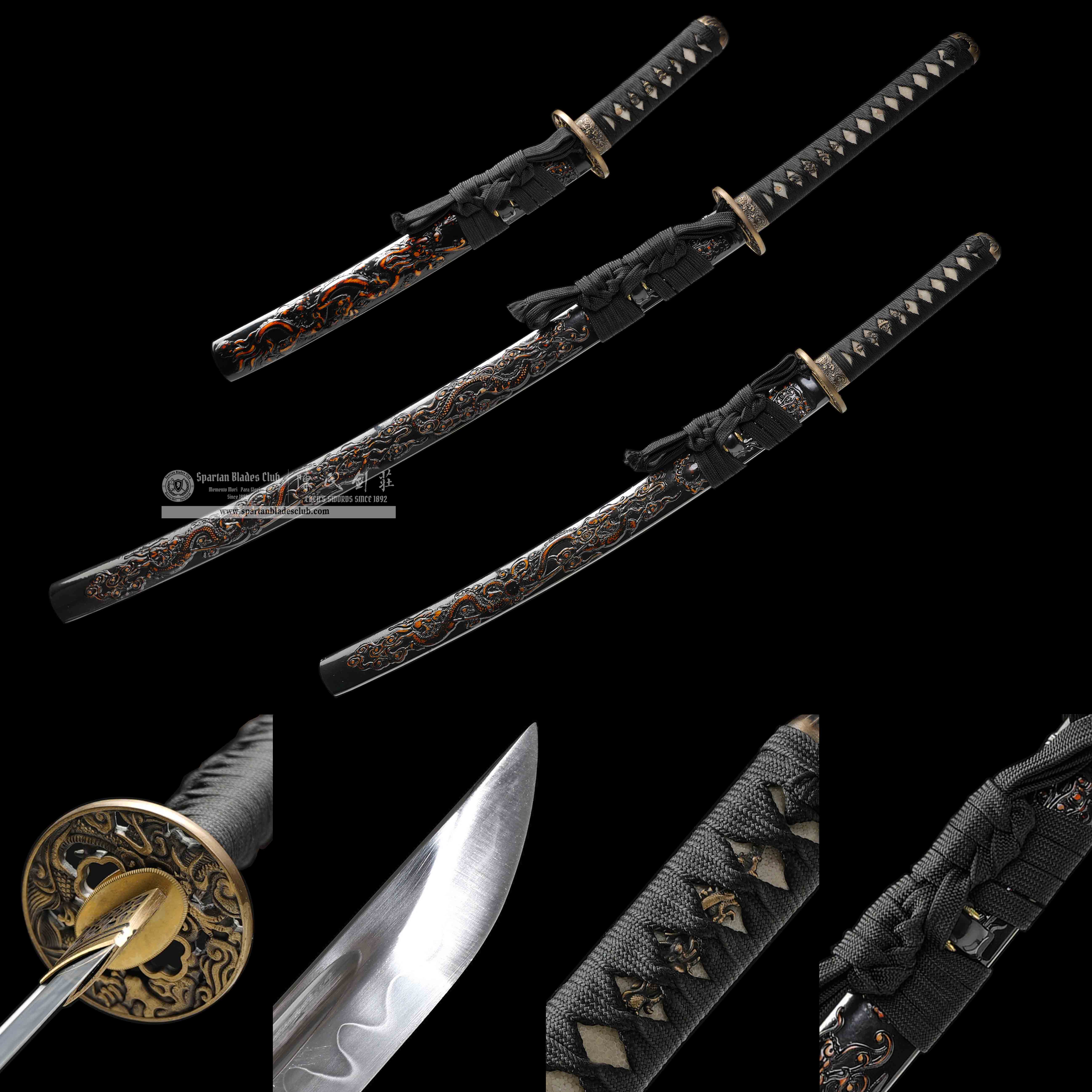 🐲TK24🐲 Black Dragon Slayer（黑狱魔龙）Katana Wakizashi Tanto/ Daisho Set / T10 Steel Clay-Tempered / Full-tang / Battle-ready / Handcrafted / Black Dragon / Spartan Blades Club / CHEN'S SWORDS 1892 - Spartan Blades Club - 陳氏劍莊1892