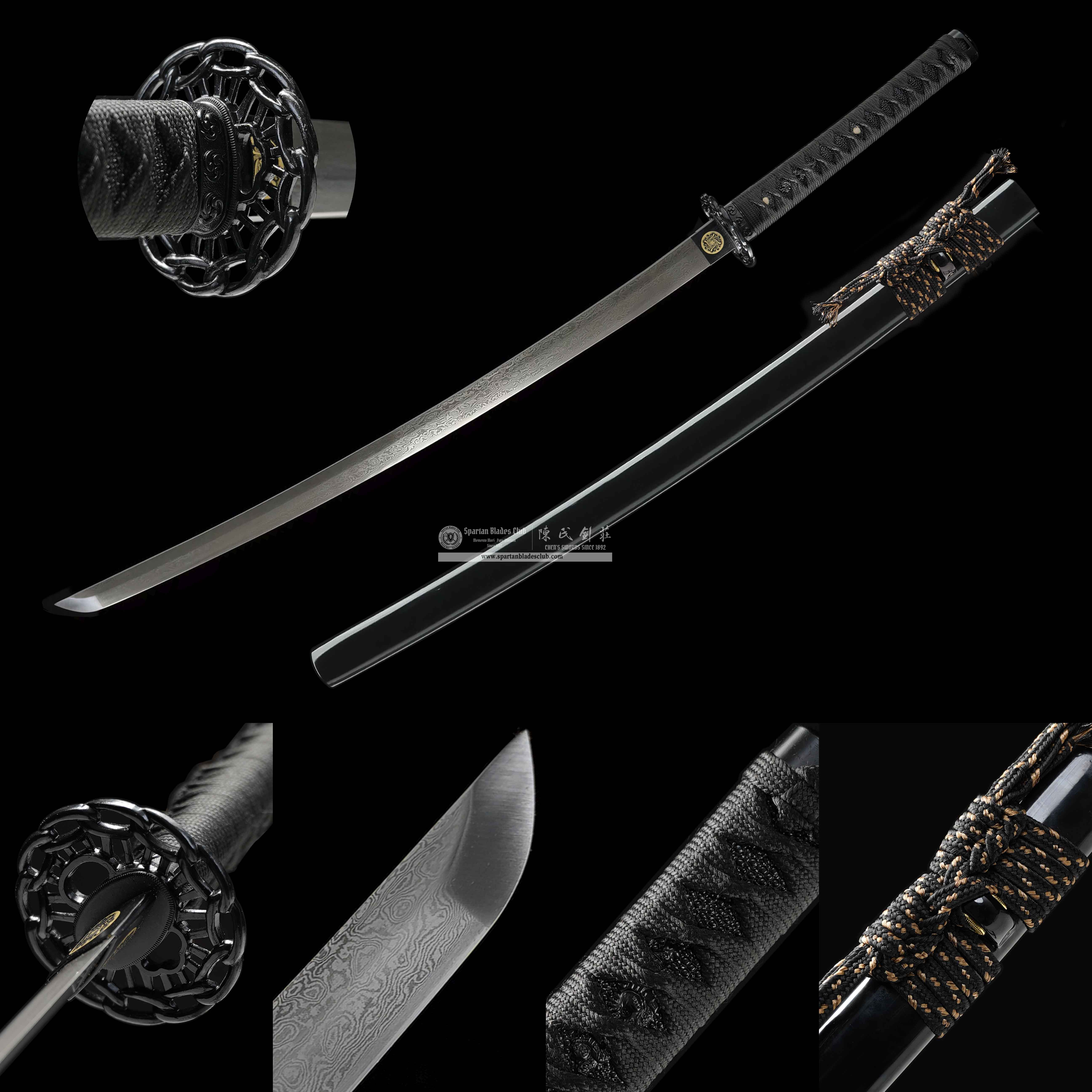 HY138 | Gen'ei Samurai | Katana | Damascus steel | Black | Battle-Ready | Full-tang | Spartan Blades Club | CHEN'S SWORDS 1892 - Spartan Blades Club - 陳氏劍莊1892