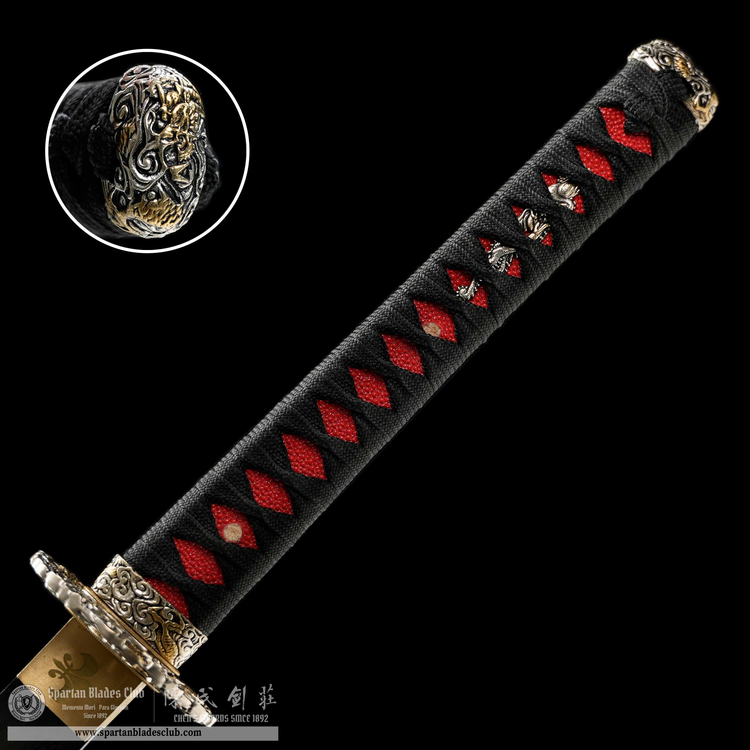 HY140 | XueDian Samurai | Katana | Damascus Steel | Heat-colored Black | Red | Loong(Chinese Dragon) | Battle-Ready | Full-tang | Spartan Blades Club | CHEN'S SWORDS 1892 - Spartan Blades Club - 陳氏劍莊1892