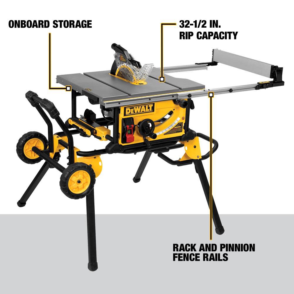DW 10′′ Jobsite Table Saw 32 1/2′′ Rip Capacity and Rolling Stand DWE7491RS from DW
