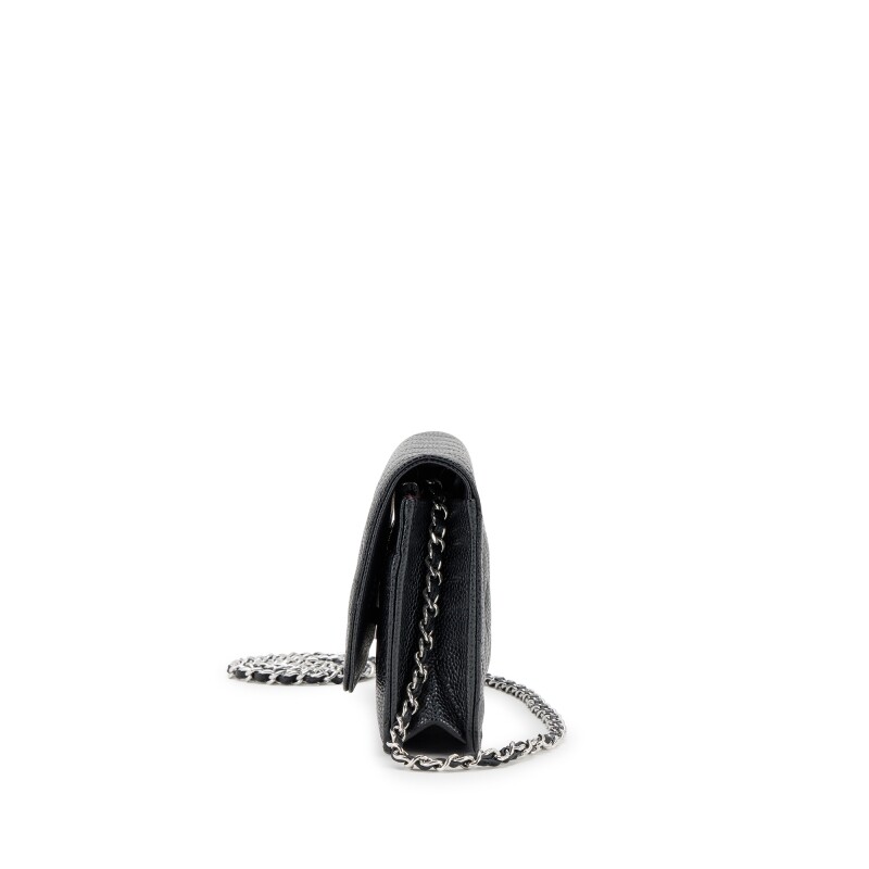 Black Quilted Caviar Wallet On Chain Silver Hardware