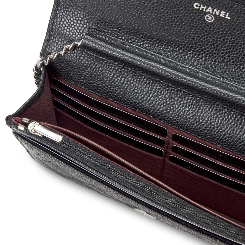Black Quilted Caviar Wallet On Chain Silver Hardware