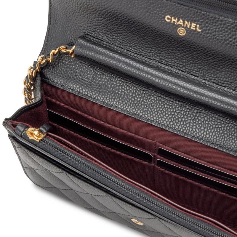 Black Quilted Caviar Wallet On Chain Gold Hardware