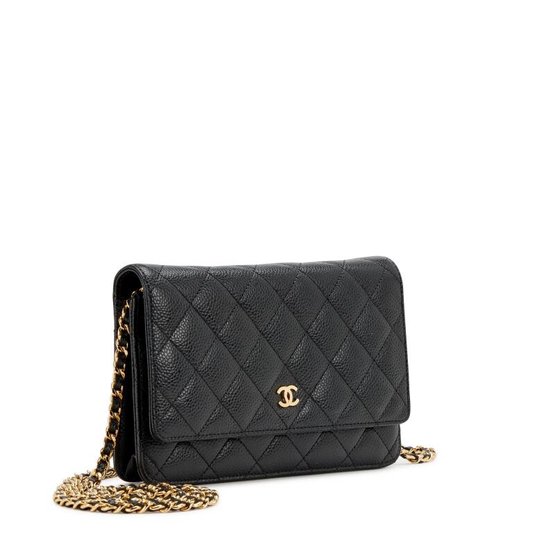 Black Quilted Caviar Wallet On Chain Gold Hardware