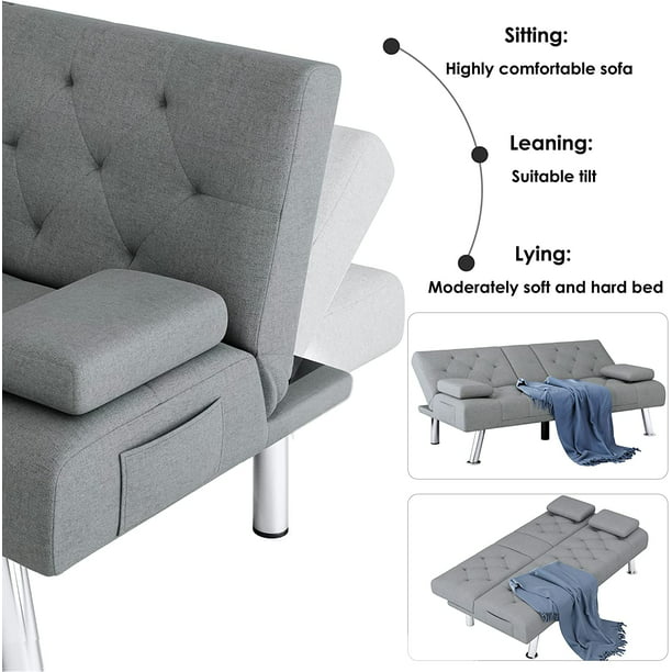 Homfa Sofá cama futón convertible, sofá cama plegable de 66.3 pulgadas con reposabrazos extraíbles y 2 portavasos para sala de estar, acabado gris