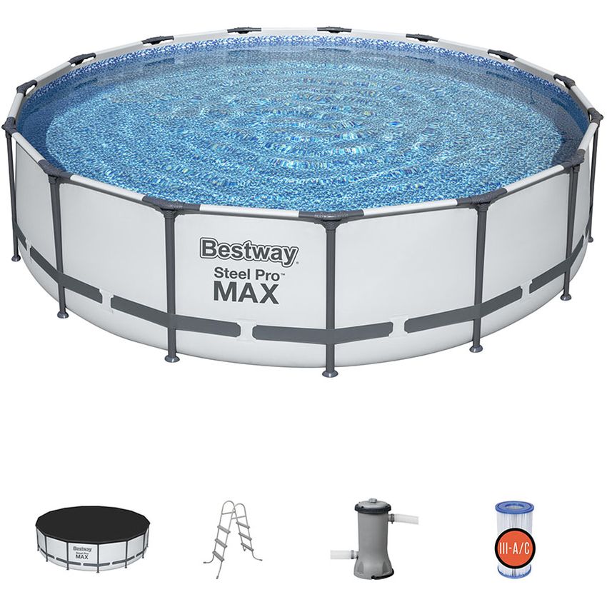 Piscina Bestway 56686 de estructura redonda, capacidad 14970 litros, largo 4,57m x ancho 4,57m, diámetro 4,57m
