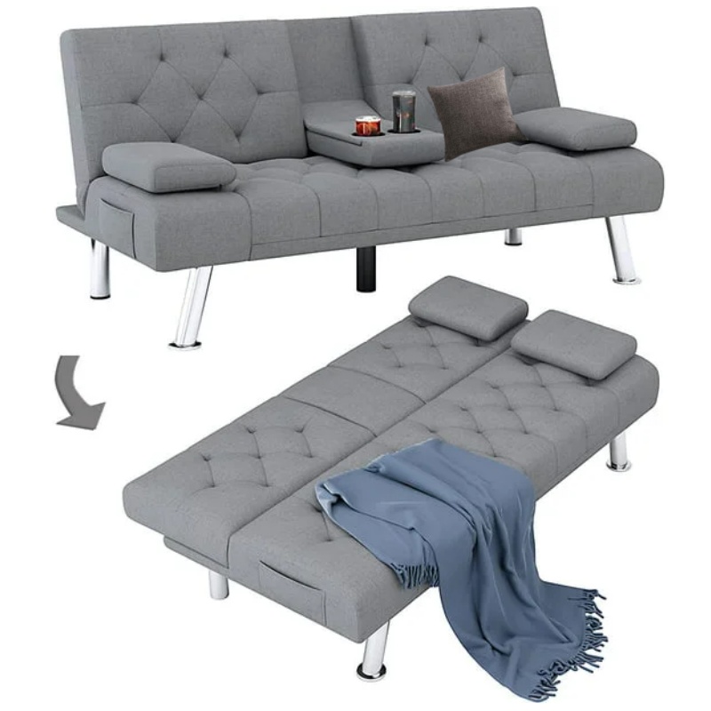 Homfa Sofá cama futón convertible, sofá cama plegable de 66.3 pulgadas con reposabrazos extraíbles y 2 portavasos para sala de estar, acabado gris
