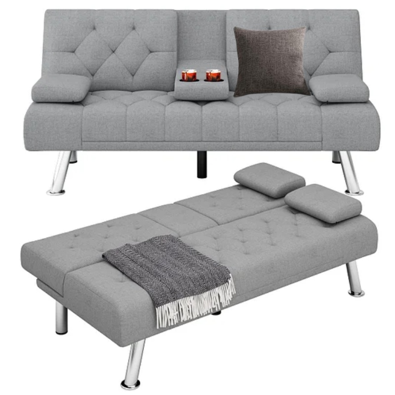 Homfa Sofá cama futón convertible, sofá cama plegable de 66.3 pulgadas con reposabrazos extraíbles y 2 portavasos para sala de estar, acabado gris