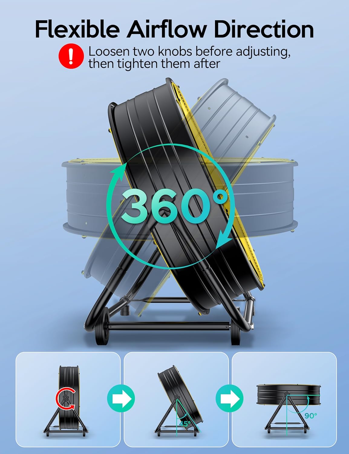 VAGKRI Ventilador Industrial de Tambor de 24 Pulgadas, Ventilador de Piso de Alta Velocidad de 320W, Circulador de Aire Metálico de 3 Velocidades para Trabajo Pesado, Inclinación de 360° con Mango