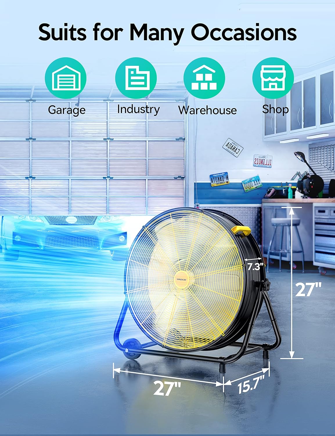 VAGKRI Ventilador Industrial de Tambor de 24 Pulgadas, Ventilador de Piso de Alta Velocidad de 320W, Circulador de Aire Metálico de 3 Velocidades para Trabajo Pesado, Inclinación de 360° con Mango