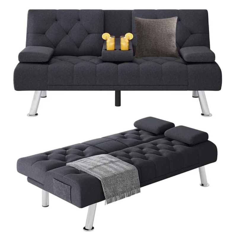 Homfa Sofá cama futón convertible, sofá cama plegable de 66.3 pulgadas con reposabrazos extraíbles y 2 portavasos para sala de estar, acabado gris