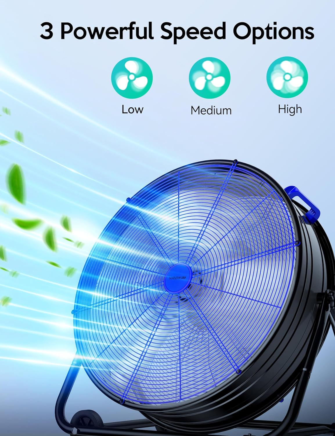 VAGKRI Ventilador Industrial de Tambor de 24 Pulgadas, Ventilador de Piso de Alta Velocidad de 320W, Circulador de Aire Metálico de 3 Velocidades para Trabajo Pesado, Inclinación de 360° con Mango