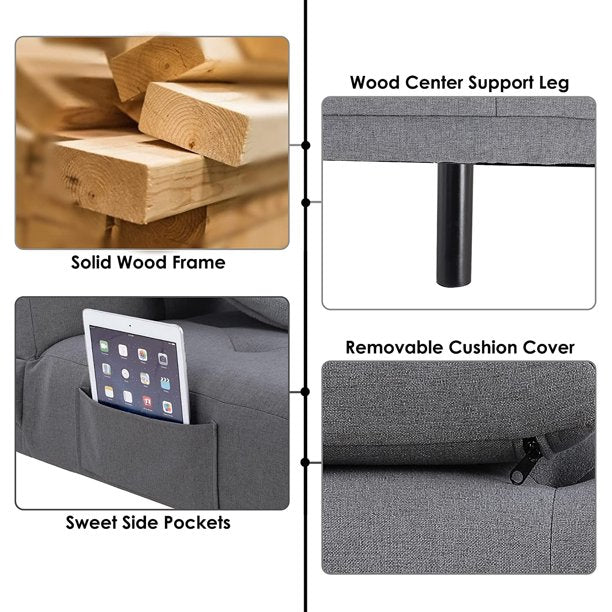 Homfa Sofá cama futón convertible, sofá cama plegable de 66.3 pulgadas con reposabrazos extraíbles y 2 portavasos para sala de estar, acabado gris