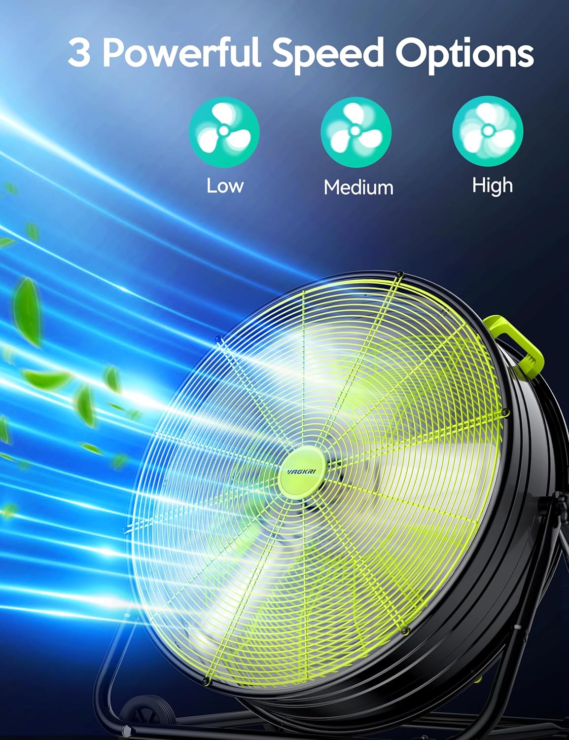 VAGKRI Ventilador Industrial de Tambor de 24 Pulgadas, Ventilador de Piso de Alta Velocidad de 320W, Circulador de Aire Metálico de 3 Velocidades para Trabajo Pesado, Inclinación de 360° con Mango