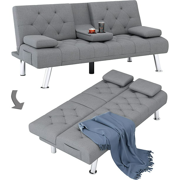 Homfa Sofá cama futón convertible, sofá cama plegable de 66.3 pulgadas con reposabrazos extraíbles y 2 portavasos para sala de estar, acabado gris